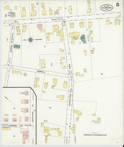 Sanborn Fire Insurance Map from Uxbridge, Worcester County, Massachusetts (1909), Sheet #0008 - Complete Map Set gallery image, historic Sanborn map, vintage wall art, Massachusetts Massachusetts