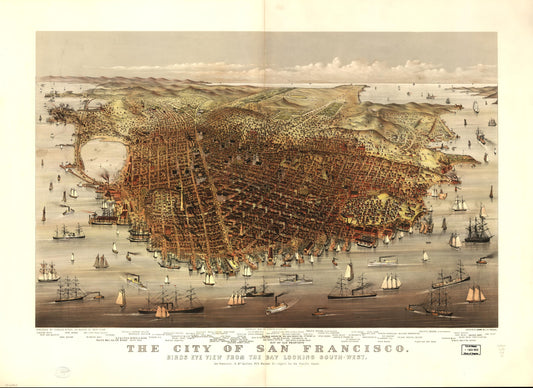 The city of San Francisco. Birds eye view from the bay looking south-west. (1878) – Historic Bird’s-Eye View Panorama Print