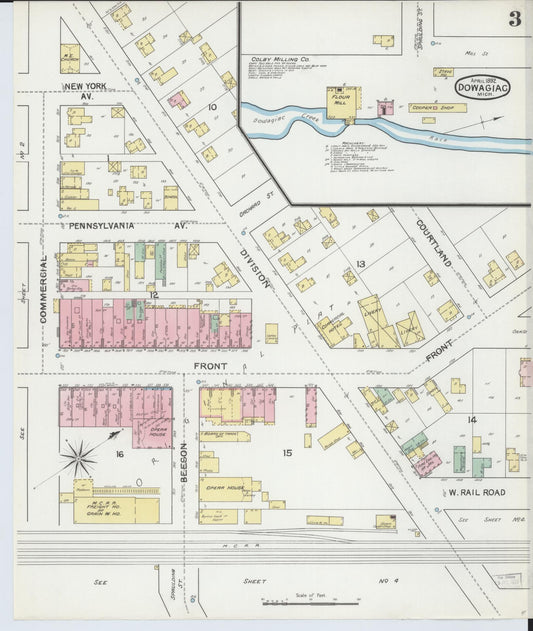 Sanborn Fire Insurance Map from Dowagiac, Cass County, Michigan (1892), Sheet #0003 - Historic Sanborn Fire Insurance Map Print, vintage old map wall art, antique decor, genealogy gift, Michigan Michigan map