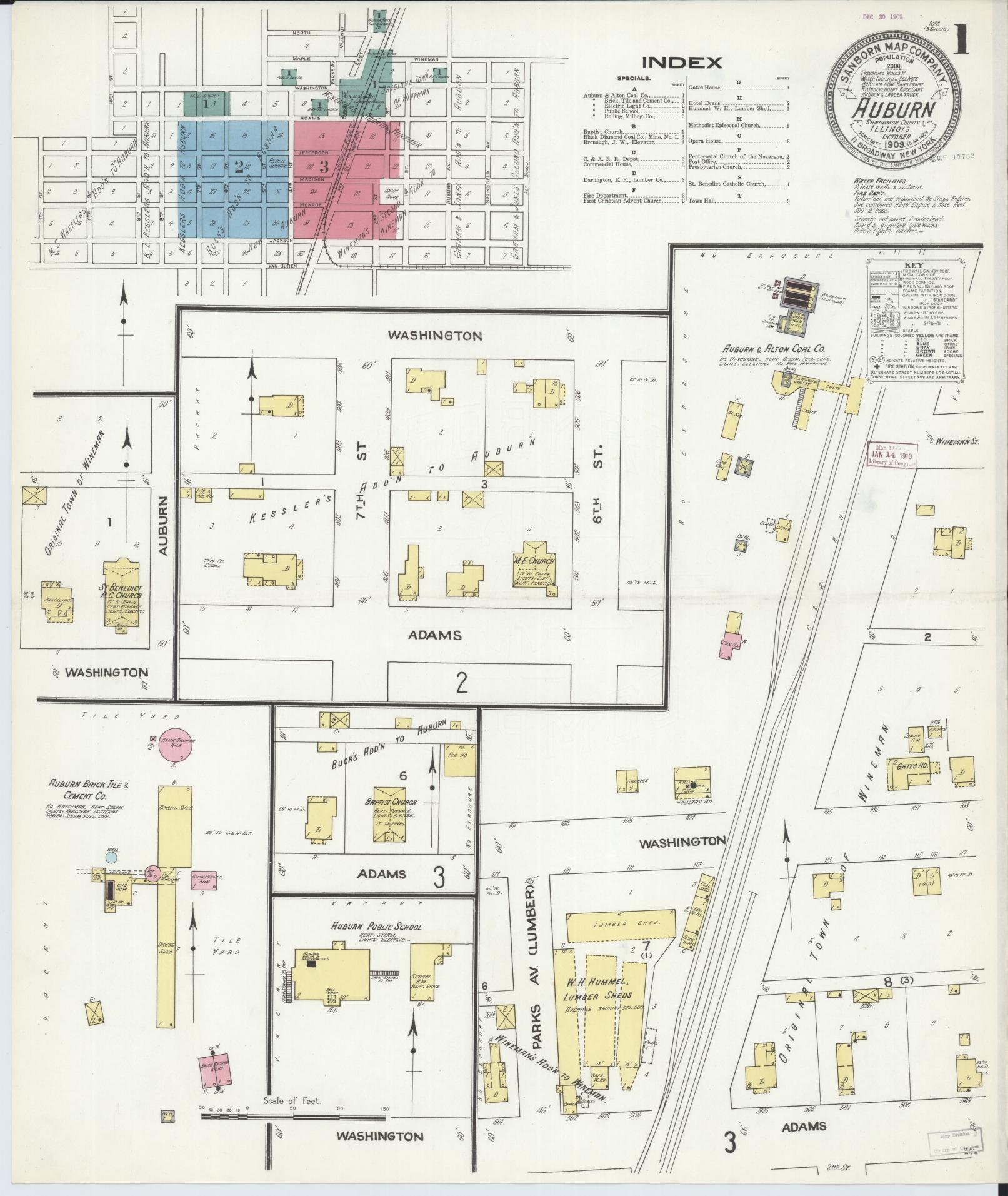 Sanborn Fire Insurance Map from Auburn, Sangamon County, Illinois (1909), Sheet #0001 - Complete Map Set gallery image, historic Sanborn map, vintage wall art, Illinois Illinois