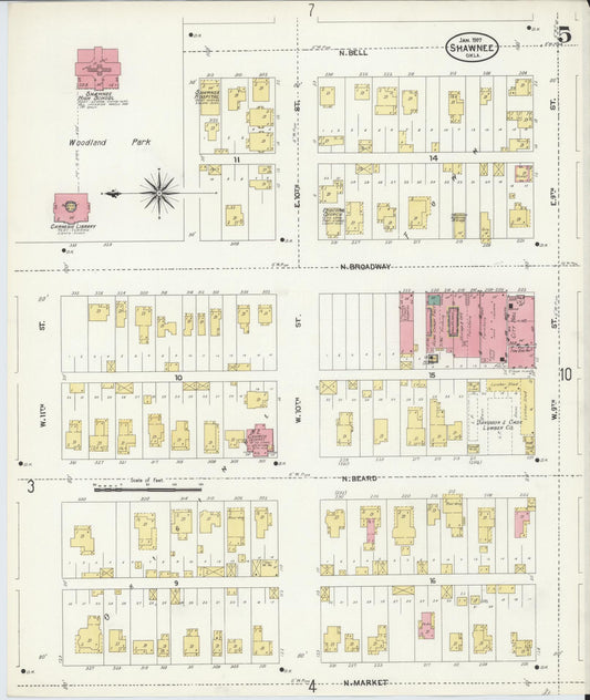 Sanborn Fire Insurance Map from Shawnee, Pottawatomie County, Oklahoma (1907), Sheet #0005 - Historic Sanborn Fire Insurance Map Print, vintage old map wall art, antique decor, genealogy gift, Oklahoma Oklahoma map