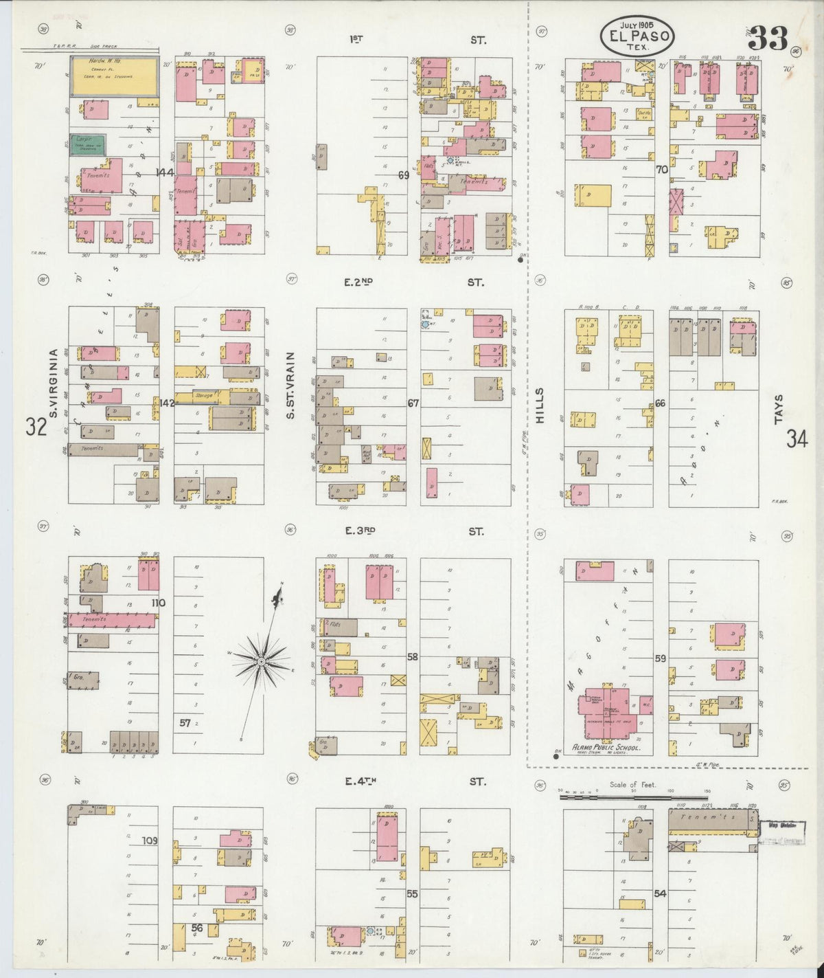 Sanborn Fire Insurance Map from El Paso, El Paso County, Texas (1905), Sheet #0033 - Historic Sanborn Fire Insurance Map Print, vintage old map wall art, antique decor, genealogy gift, Texas Texas map
