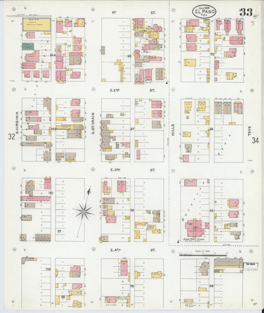 Sanborn Fire Insurance Map from El Paso, El Paso County, Texas (1905), Sheet #0033 - Historic Sanborn Fire Insurance Map Print, vintage old map wall art, antique decor, genealogy gift, Texas Texas map