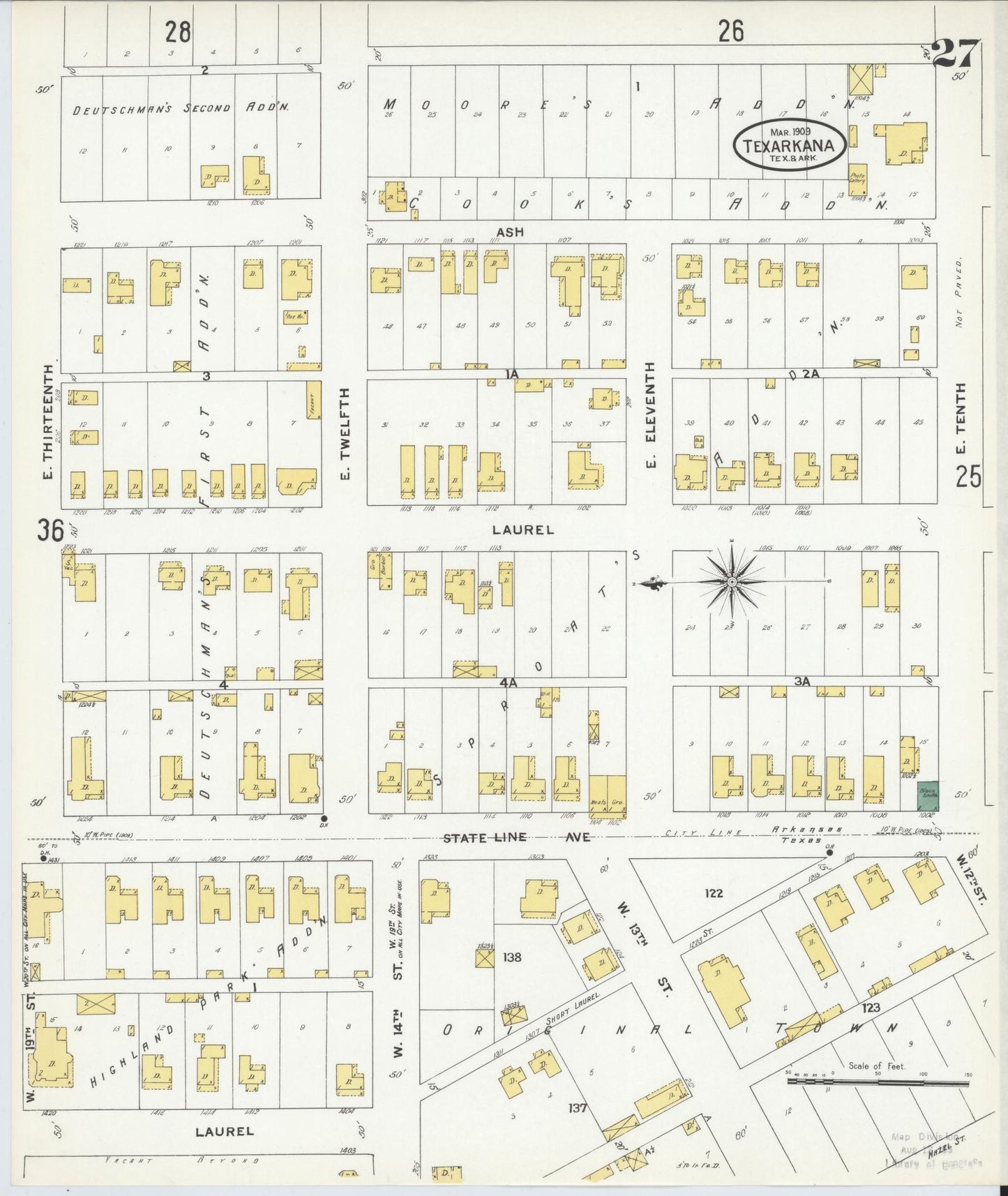 Sanborn Fire Insurance Map from Texarkana, Bowie County, Texas (1909), Sheet #0027 - Complete Map Set gallery image, historic Sanborn map, vintage wall art, Texas Texas