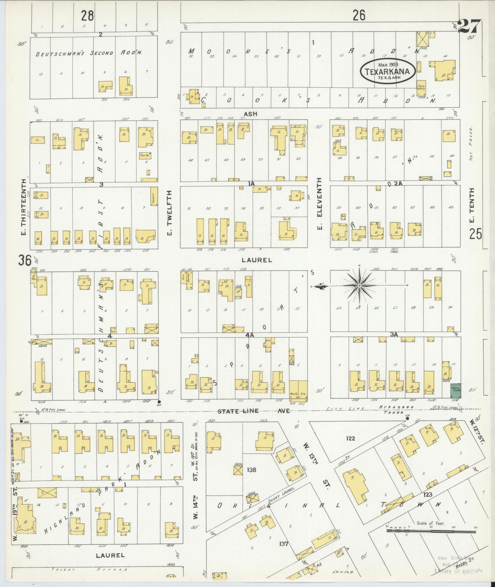 Sanborn Fire Insurance Map from Texarkana, Bowie County, Texas (1909), Sheet #0027 - Complete Map Set gallery image, historic Sanborn map, vintage wall art, Texas Texas