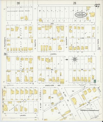 Sanborn Fire Insurance Map from Texarkana, Bowie County, Texas (1909), Sheet #0027 - Complete Map Set gallery image, historic Sanborn map, vintage wall art, Texas Texas