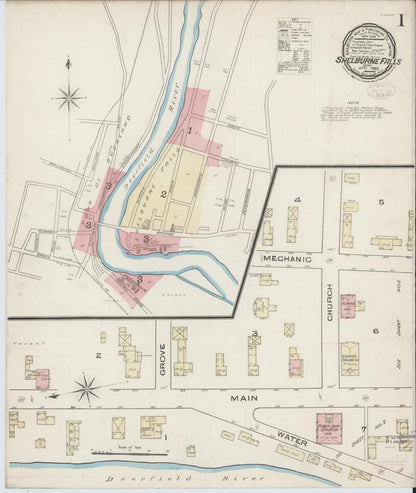 Sanborn Fire Insurance Map from Shelburne Falls, Franklin County, Massachusetts (1885), Sheet #0001 - Complete Map Set gallery image, historic Sanborn map, vintage wall art, Massachusetts Massachusetts
