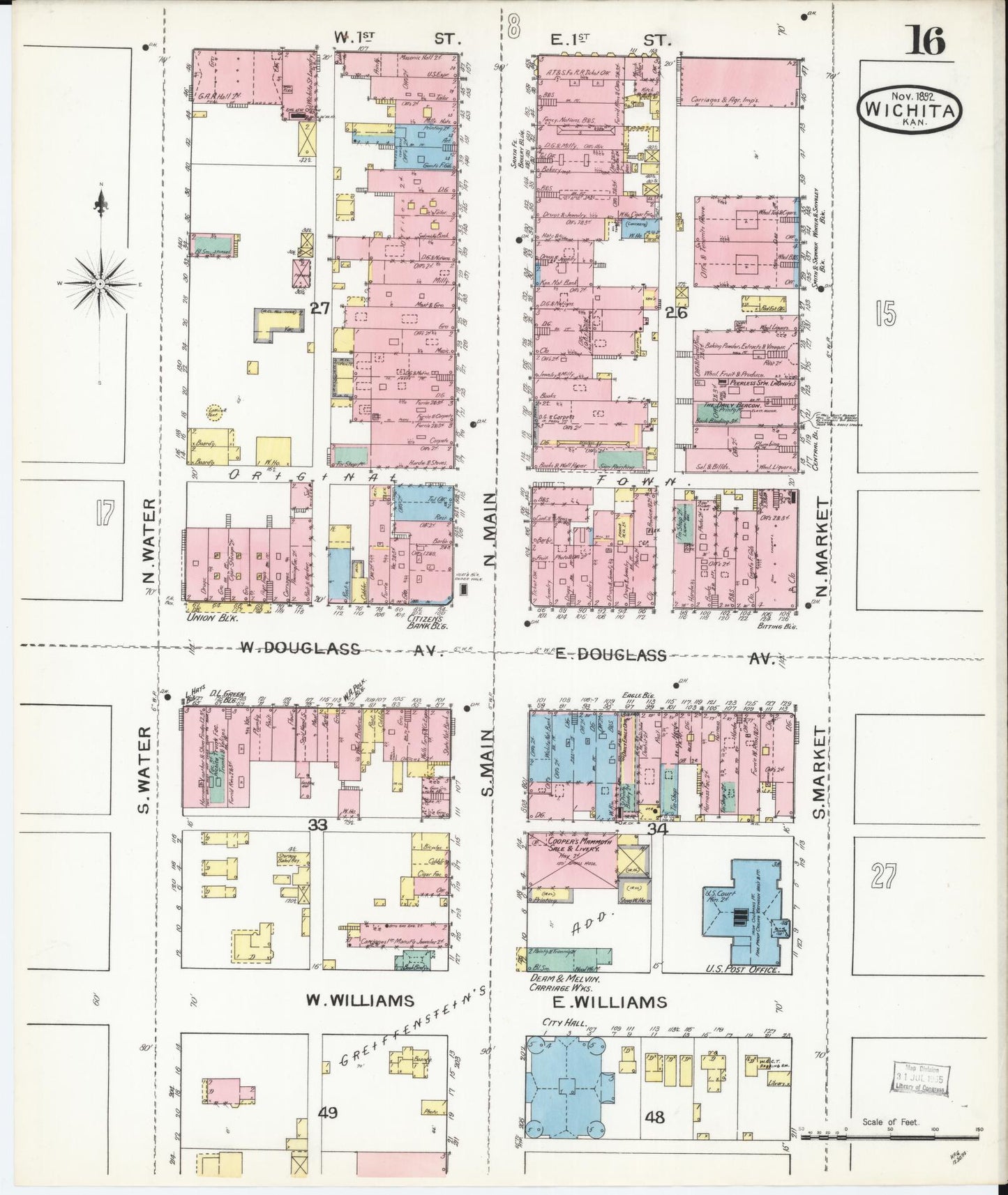 Sanborn Fire Insurance Map from Wichita, Sedgwick County, Kansas (1892), Sheet #0016 - Historic Sanborn Fire Insurance Map Print, vintage old map wall art, antique decor, genealogy gift, Kansas Kansas map