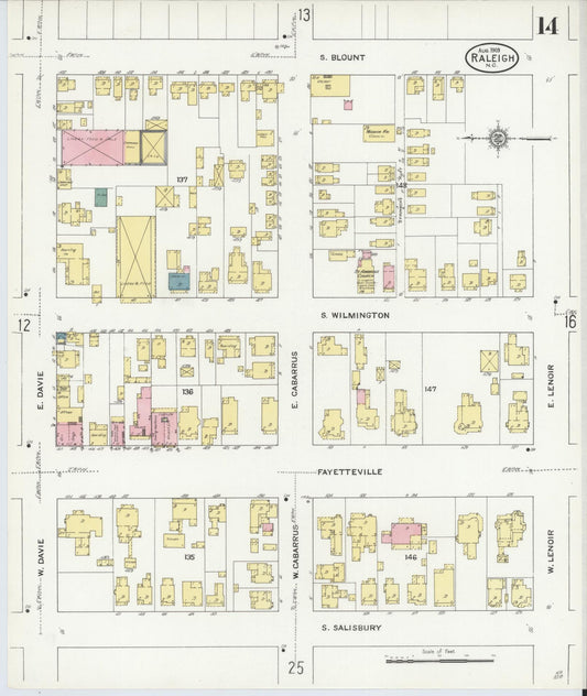 Sanborn Fire Insurance Map from Raleigh, Wake County, North Carolina (1909), Sheet #0014 - Historic Sanborn Fire Insurance Map Print, vintage old map wall art, antique decor, genealogy gift, North Carolina North Carolina map