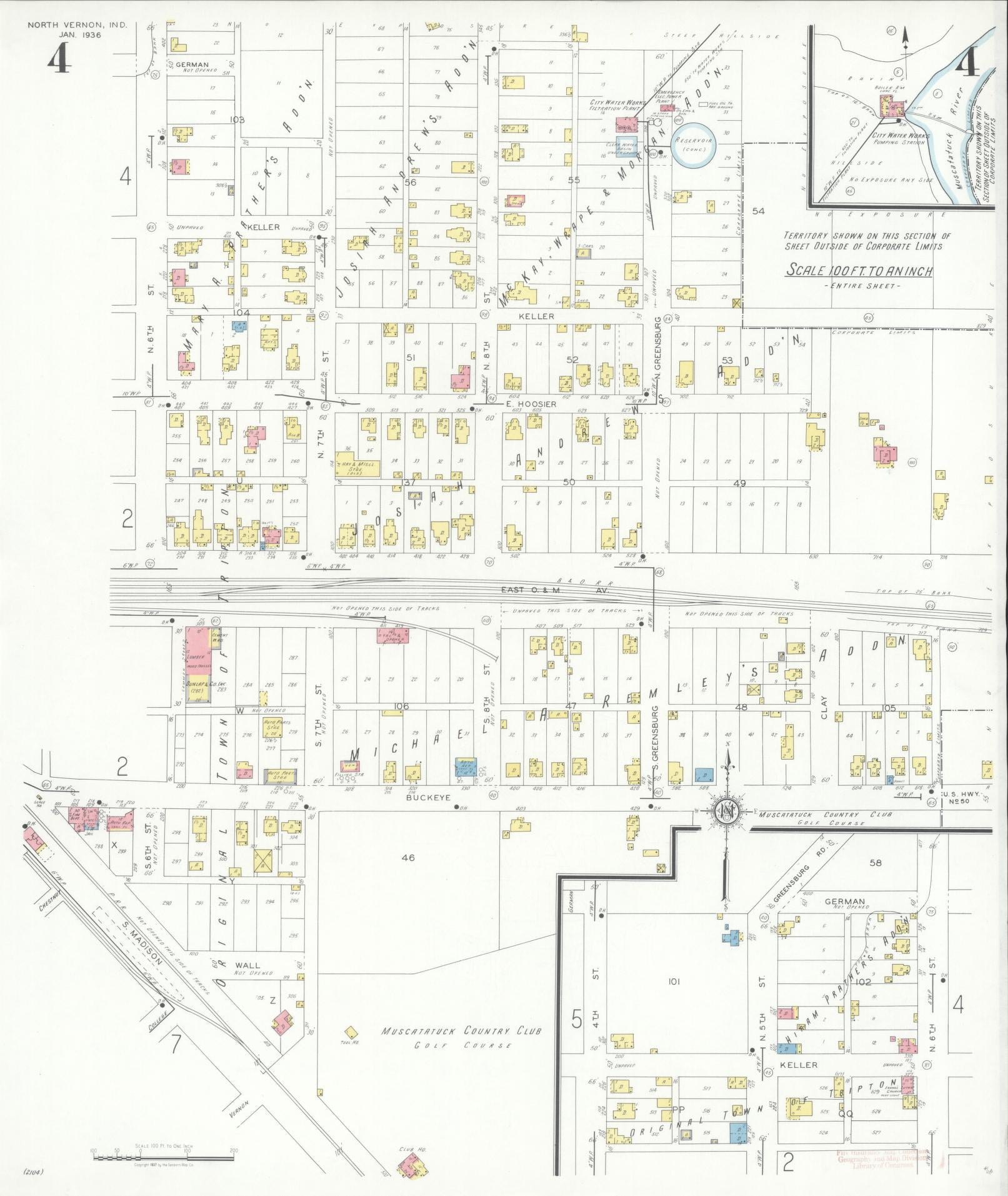 Sanborn Fire Insurance Map from North Vernon, Jennings County, Indiana (1937), Sheet #0004 - Complete Map Set gallery image, historic Sanborn map, vintage wall art, Indiana Indiana