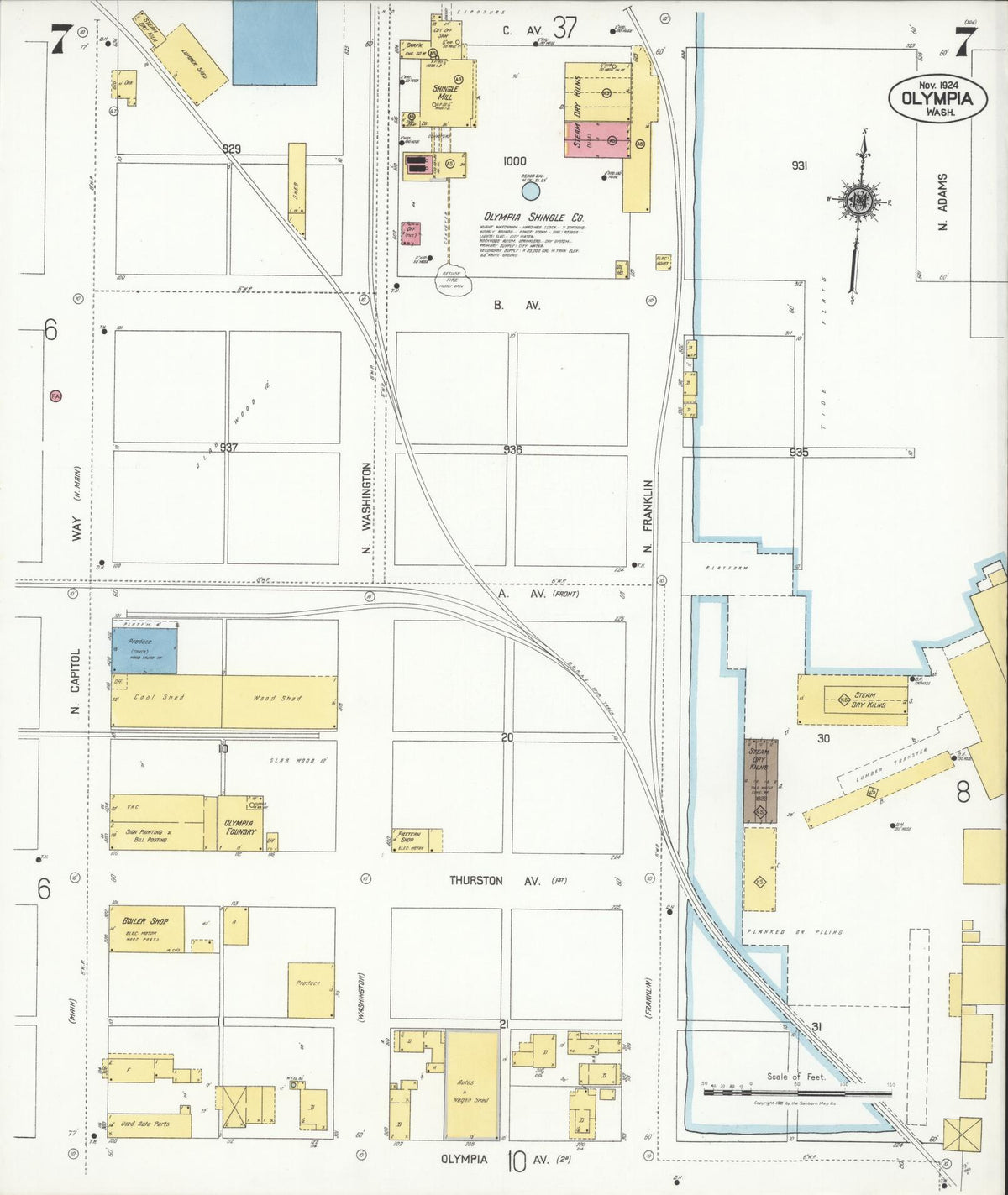 Sanborn Fire Insurance Map from Olympia, Thurston County, Washington (1924), Sheet #0007 - Historic Sanborn Fire Insurance Map Print, vintage old map wall art, antique decor, genealogy gift, Washington Washington map