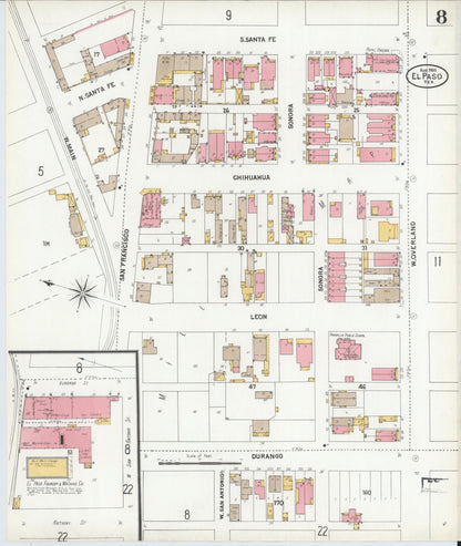 Sanborn Fire Insurance Map from El Paso, El Paso County, Texas (1900), Sheet #0008 - Historic Sanborn Fire Insurance Map Print, vintage old map wall art, antique decor, genealogy gift, Texas Texas map