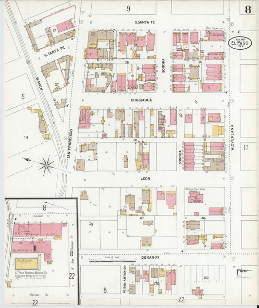 Sanborn Fire Insurance Map from El Paso, El Paso County, Texas (1900), Sheet #0008 - Historic Sanborn Fire Insurance Map Print, vintage old map wall art, antique decor, genealogy gift, Texas Texas map