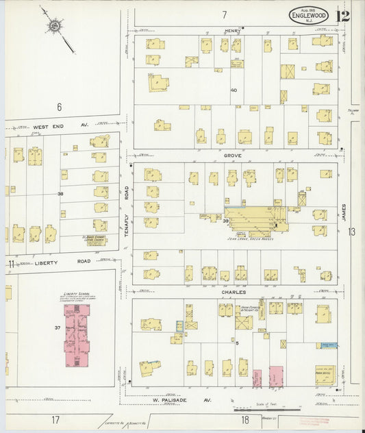 Sanborn Fire Insurance Map from Englewood, Bergen County, New Jersey (1915), Sheet #0012 - Historic Sanborn Fire Insurance Map Print, vintage old map wall art, antique decor, genealogy gift, New Jersey New Jersey map