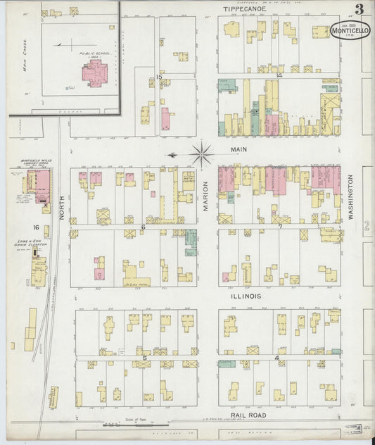 Sanborn Fire Insurance Map from Monticello, White County, Indiana (1893), Sheet #0003 - Historic Sanborn Fire Insurance Map Print, vintage old map wall art, antique decor, genealogy gift, Indiana Indiana map