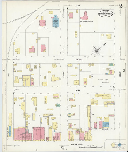 Sanborn Fire Insurance Map from New Braunfels, Comal County, Texas (1907), Sheet #0002 - Historic Sanborn Fire Insurance Map Print, vintage old map wall art, antique decor, genealogy gift, Texas Texas map