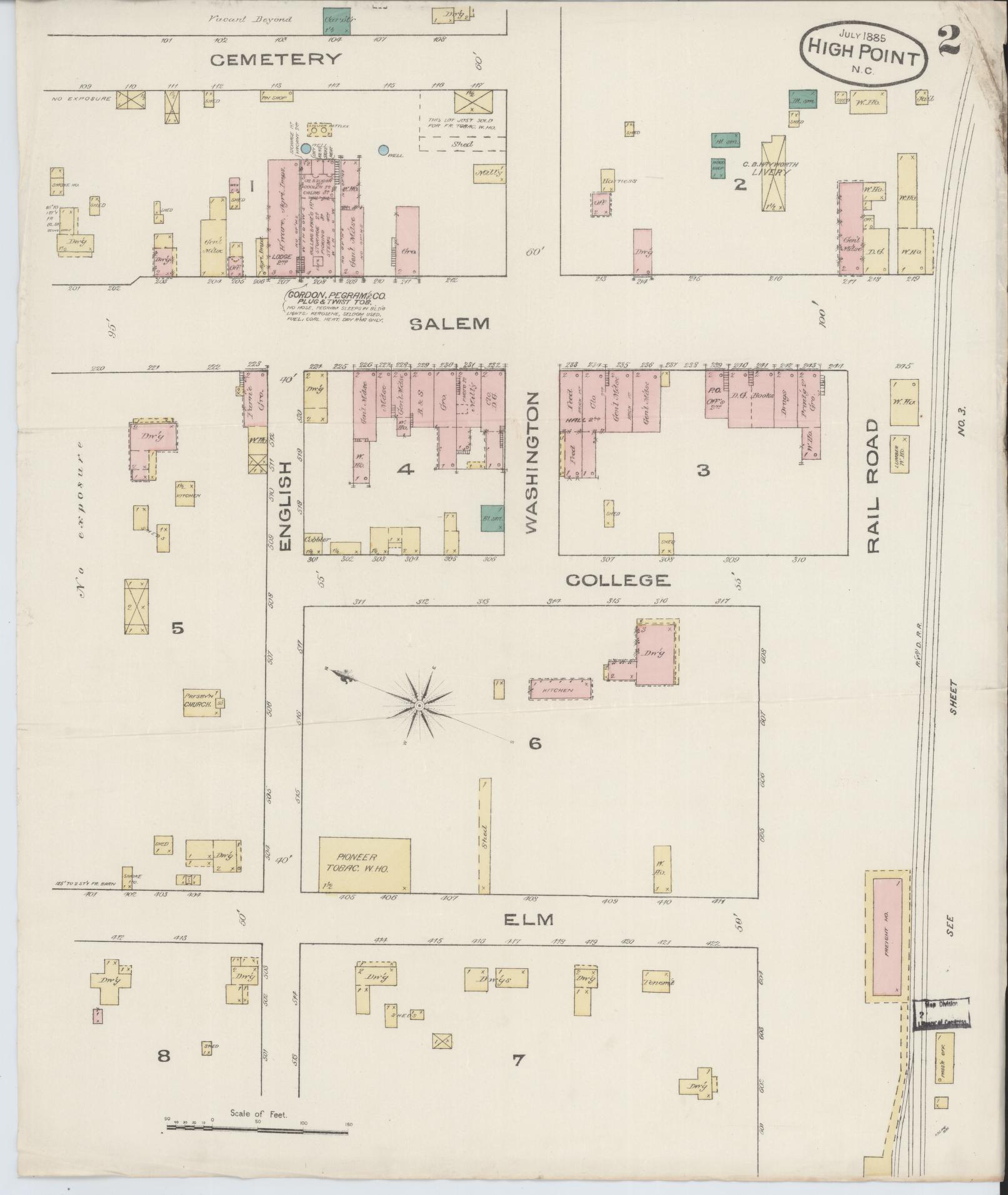Sanborn Fire Insurance Map from High Point, Guilford County, North Carolina (1885), Sheet #0002 - Complete Map Set gallery image, historic Sanborn map, vintage wall art, North Carolina North Carolina