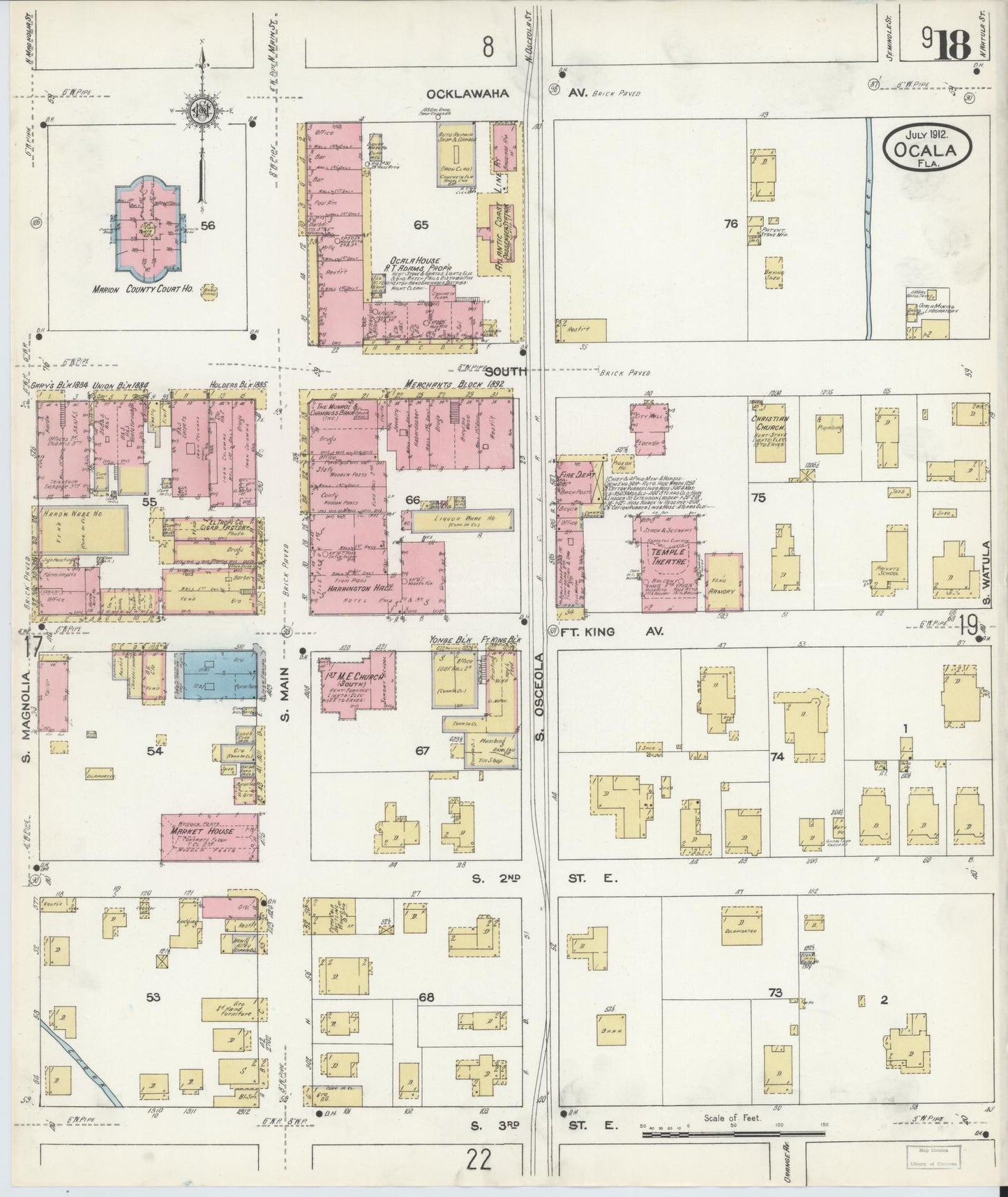 Sanborn Fire Insurance Map from Ocala, Marion County, Florida (1912), Sheet #0018 - Historic Sanborn Fire Insurance Map Print, vintage old map wall art, antique decor, genealogy gift, Florida Florida map