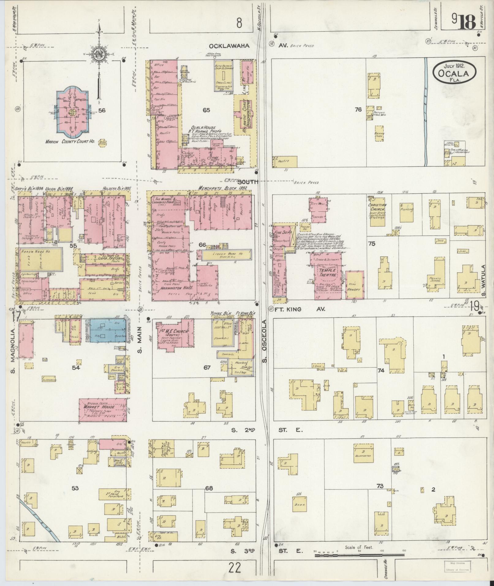 Sanborn Fire Insurance Map from Ocala, Marion County, Florida (1912), Sheet #0018 - Historic Sanborn Fire Insurance Map Print, vintage old map wall art, antique decor, genealogy gift, Florida Florida map