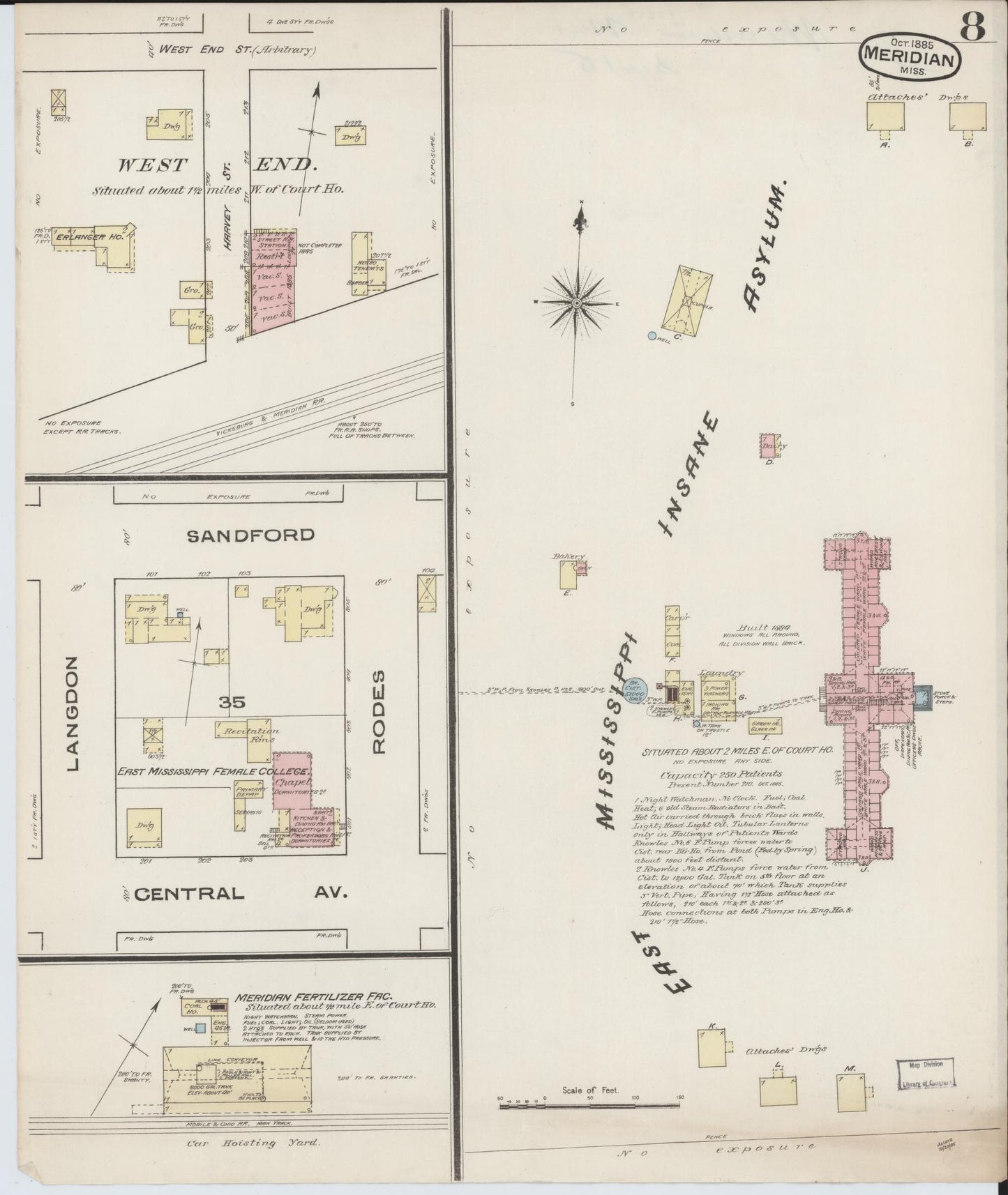 Sanborn Fire Insurance Map from Meridian, Lauderdale County, Mississippi (1885), Sheet #0008 - Complete Map Set gallery image, historic Sanborn map, vintage wall art, Mississippi Mississippi