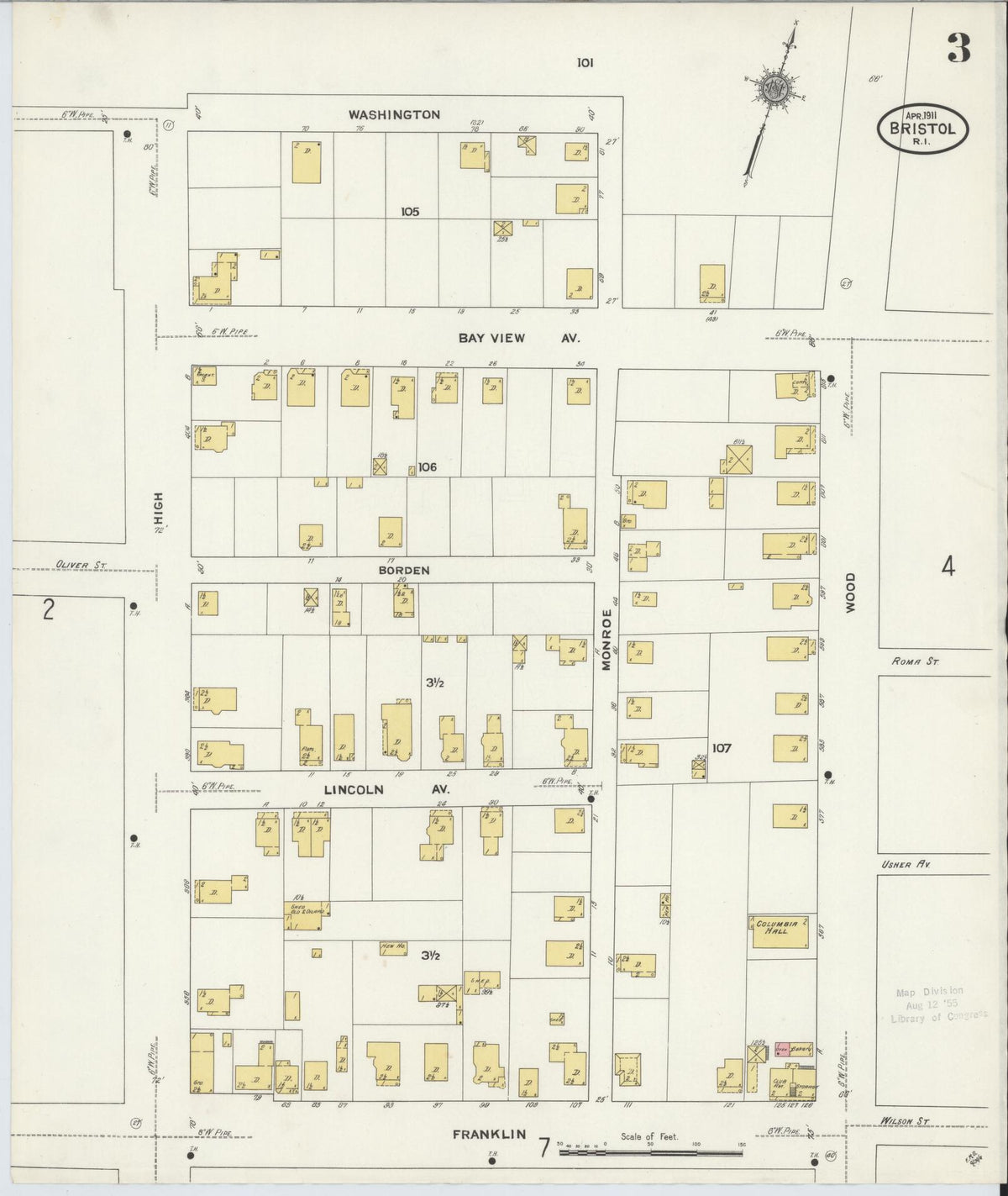 Sanborn Fire Insurance Map from Bristol, Bristol County, Rhode Island (1911), Sheet #0003 - Historic Sanborn Fire Insurance Map Print, vintage old map wall art, antique decor, genealogy gift, Rhode Island Rhode Island map