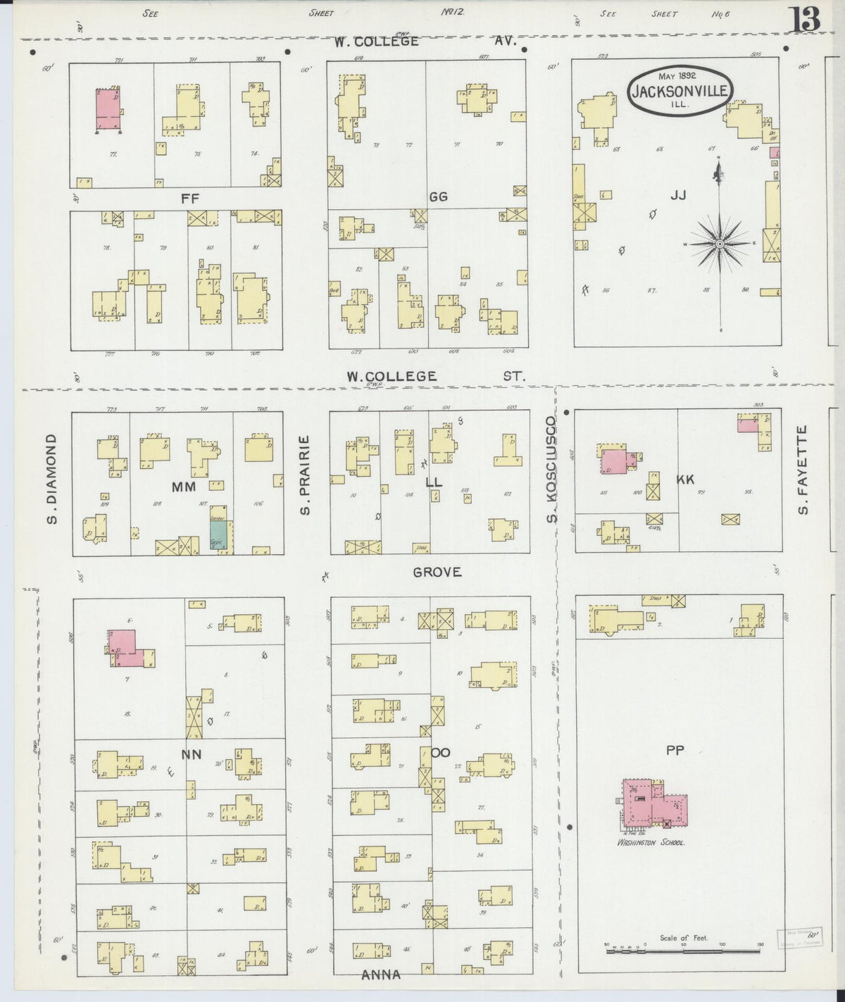 Sanborn Fire Insurance Map from Jacksonville, Morgan County, Illinois (1892), Sheet #0013 - Complete Map Set gallery image, historic Sanborn map, vintage wall art, Illinois Illinois