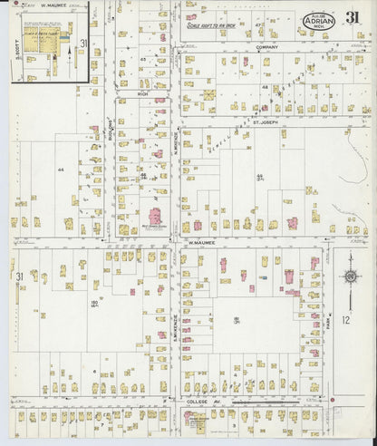 Sanborn Fire Insurance Map from Adrian, Lenawee County, Michigan (1916), Sheet #0031 - Complete Map Set gallery image, historic Sanborn map, vintage wall art, Michigan Michigan