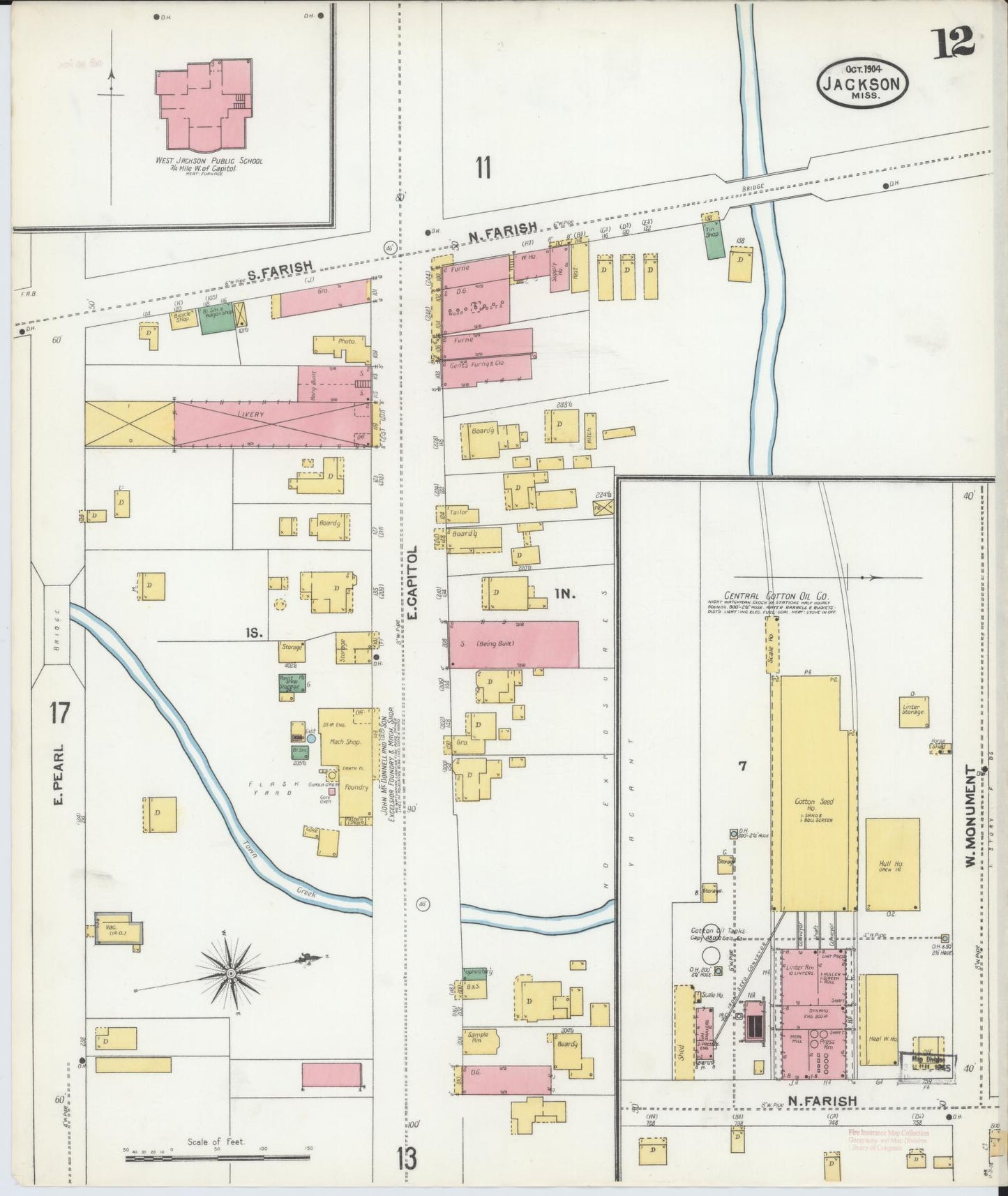 Sanborn Fire Insurance Map from Jackson, Hinds County, Mississippi (1904), Sheet #0012 - Historic Sanborn Fire Insurance Map Print, vintage old map wall art, antique decor, genealogy gift, Mississippi Mississippi map