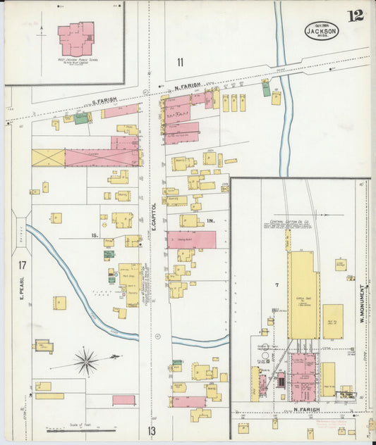 Sanborn Fire Insurance Map from Jackson, Hinds County, Mississippi (1904), Sheet #0012 - Historic Sanborn Fire Insurance Map Print, vintage old map wall art, antique decor, genealogy gift, Mississippi Mississippi map