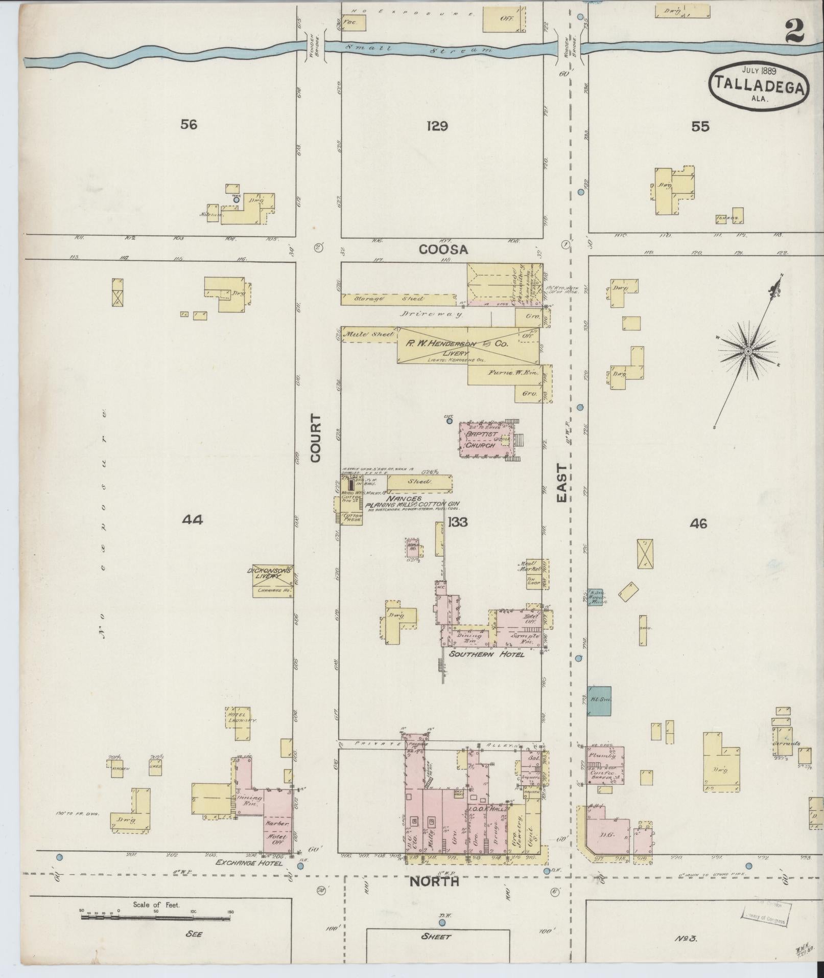 Sanborn Fire Insurance Map from Talladega, Talladega County, Alabama (1889), Sheet #0002 - Historic Sanborn Fire Insurance Map Print, vintage old map wall art, antique decor, genealogy gift, Alabama Alabama map