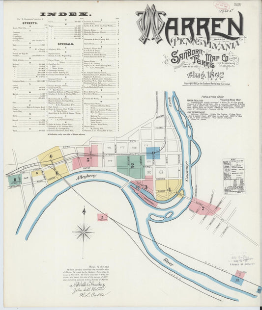 Sanborn Fire Insurance Map from Warren, Warren County, Pennsylvania (1892), Sheet #0001 - Historic Sanborn Fire Insurance Map Print, vintage old map wall art, antique decor, genealogy gift, Pennsylvania Pennsylvania map
