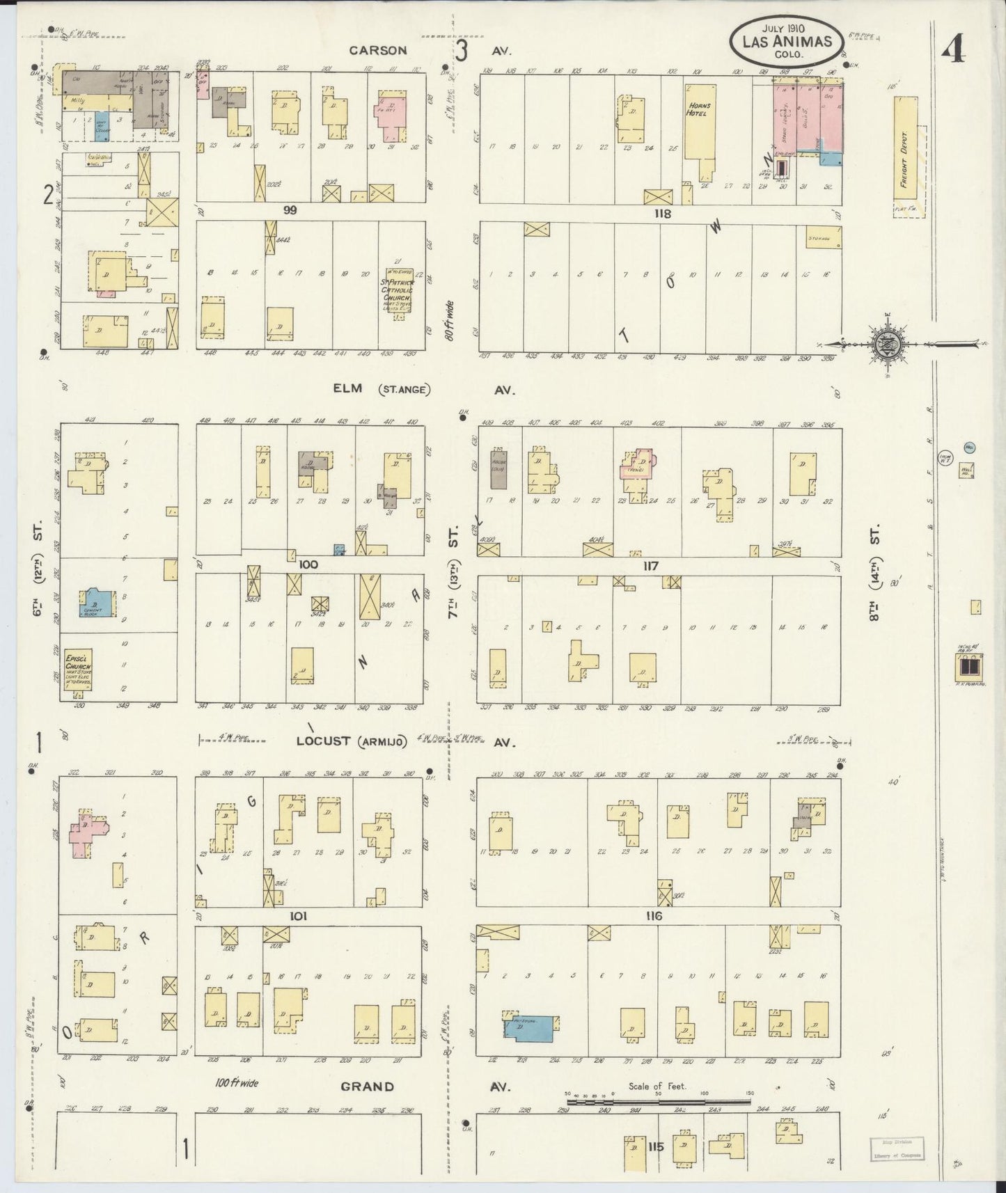 Sanborn Fire Insurance Map from Las Animas, Bent County, Colorado (1910), Sheet #0004 - Complete Map Set gallery image, historic Sanborn map, vintage wall art, Colorado Colorado