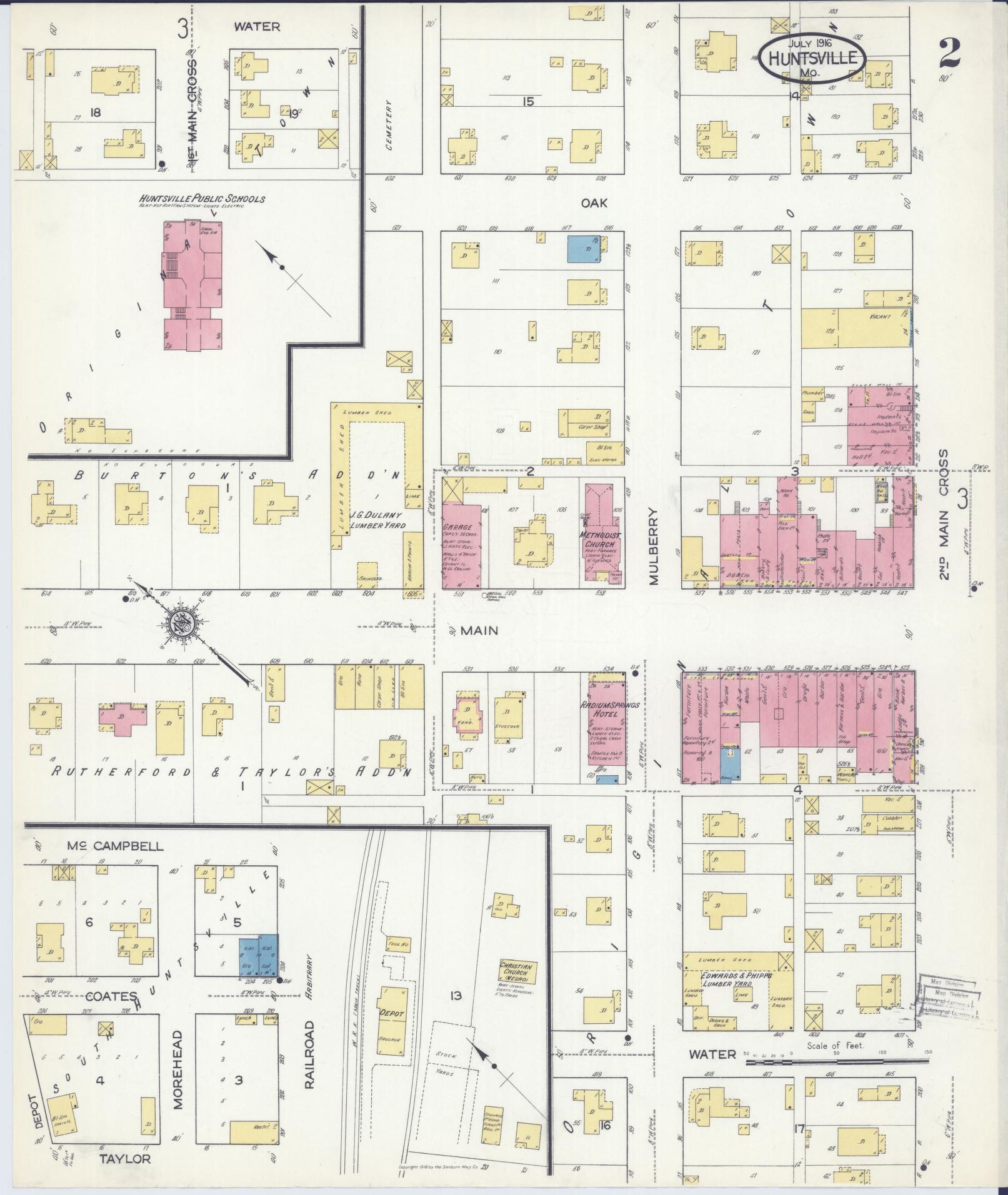 Sanborn Fire Insurance Map from Huntsville, Randolph County, Missouri (1916), Sheet #0002 - Complete Map Set gallery image, historic Sanborn map, vintage wall art, Missouri Missouri