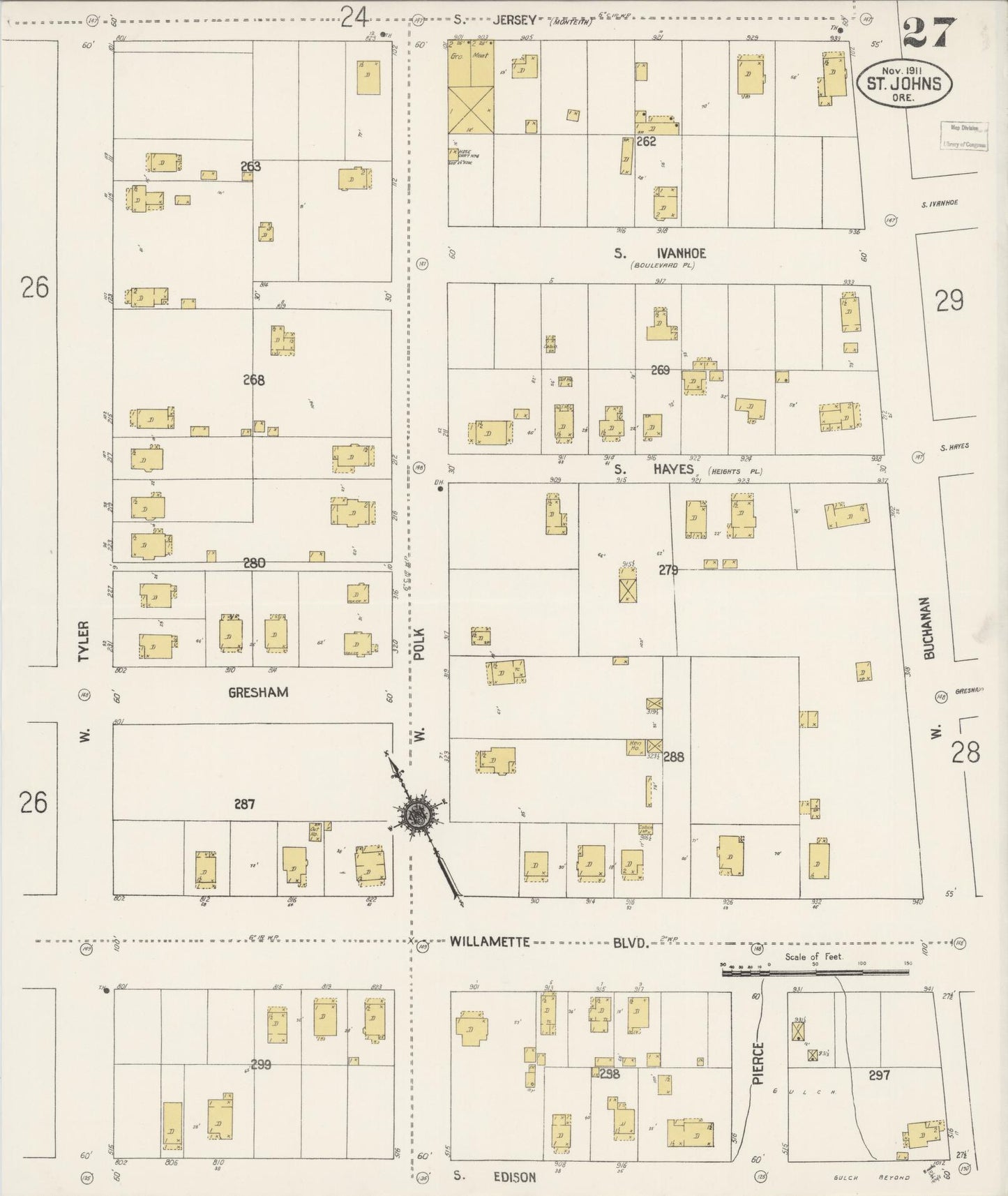 Sanborn Fire Insurance Map from Saint Johns, Multnomah County, Oregon (1911), Sheet #0027 - Complete Map Set gallery image, historic Sanborn map, vintage wall art, Oregon Oregon