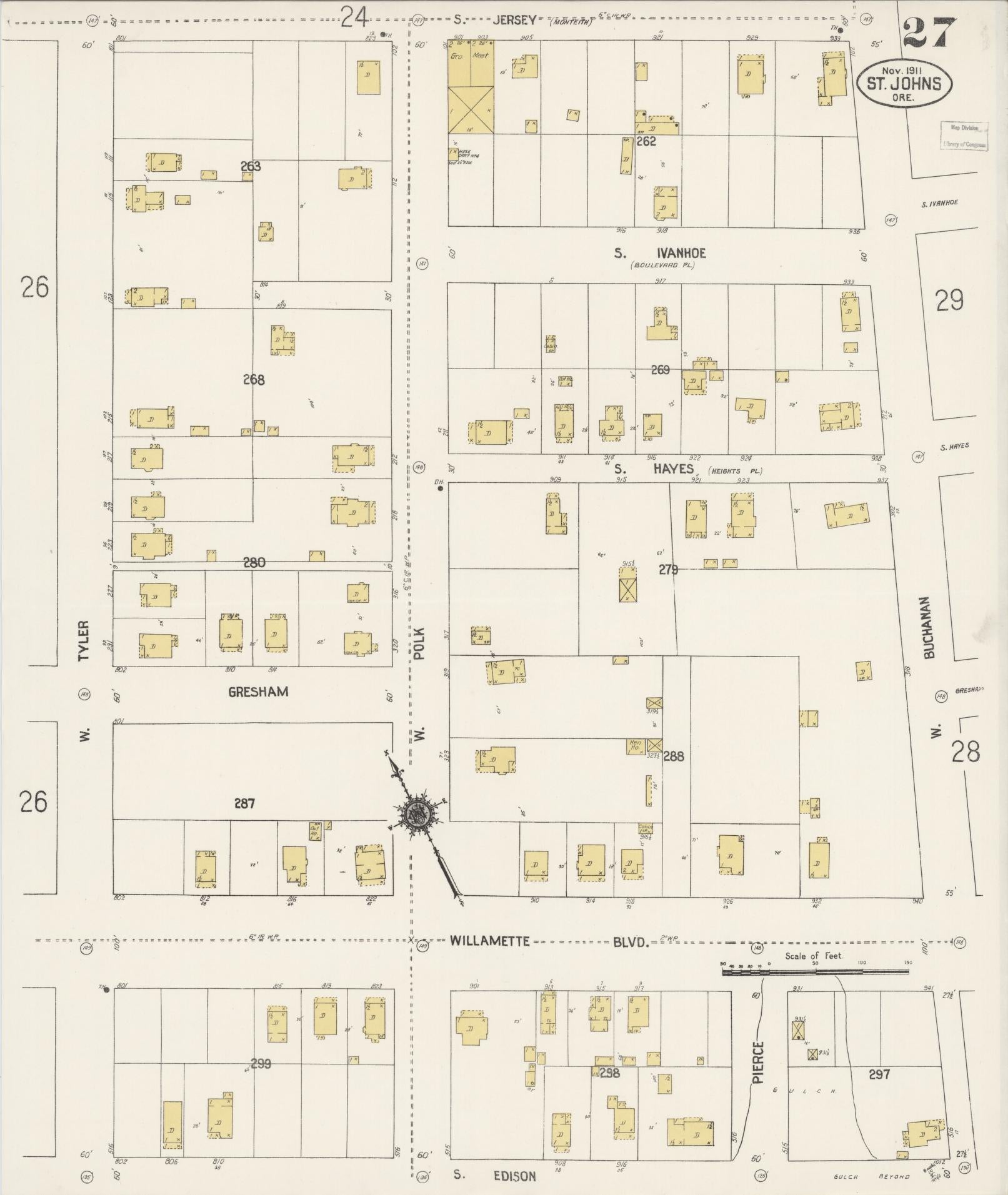 Sanborn Fire Insurance Map from Saint Johns, Multnomah County, Oregon (1911), Sheet #0027 - Complete Map Set gallery image, historic Sanborn map, vintage wall art, Oregon Oregon