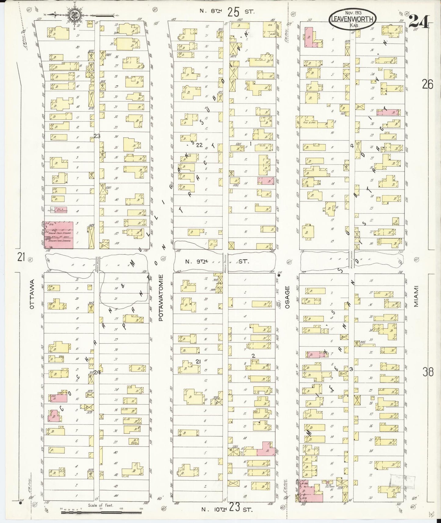 Sanborn Fire Insurance Map from Leavenworth, Leavenworth County, Kansas (1913), Sheet #0025 - Complete Map Set gallery image, historic Sanborn map, vintage wall art, Kansas Kansas