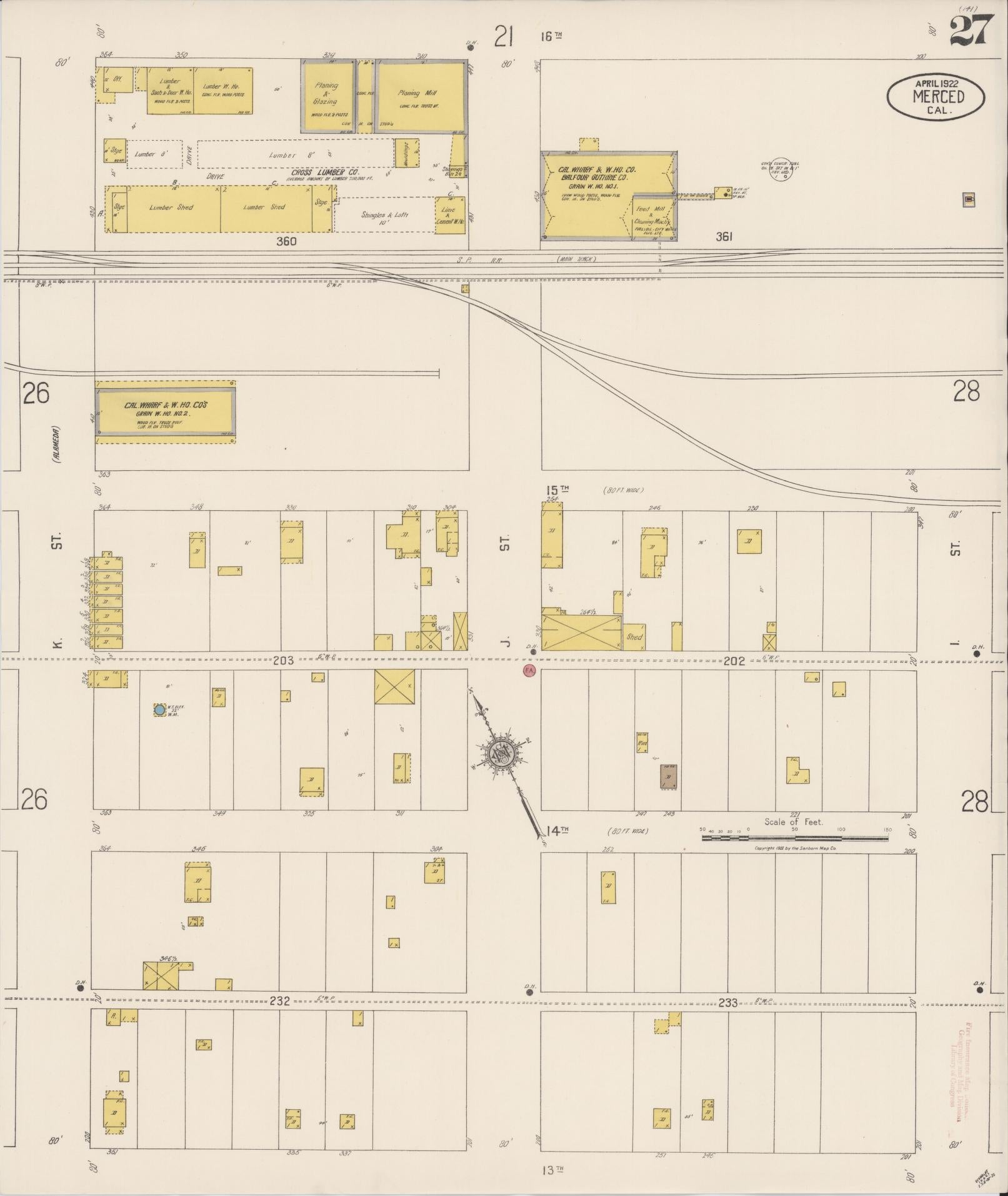 Sanborn Fire Insurance Map from Merced, Merced County, California (1922), Sheet #0027 - Historic Sanborn Fire Insurance Map Print, vintage old map wall art, antique decor, genealogy gift, California California map