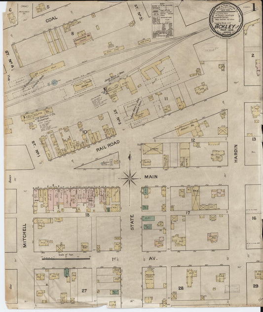 Sanborn Fire Insurance Map from Ackley, Hardin and Franklin Counties, Iowa (1888), Sheet #0001 - Historic Sanborn Fire Insurance Map Print, vintage old map wall art