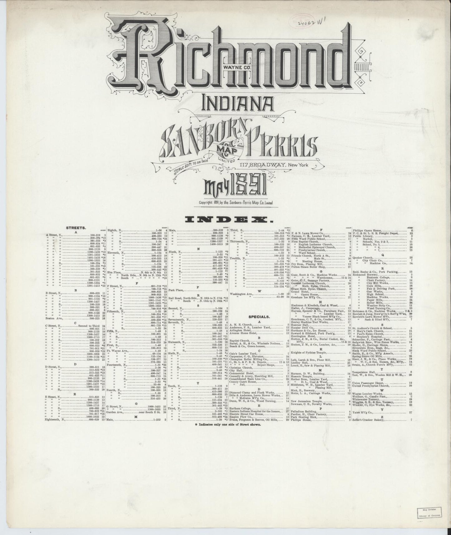 Sanborn Fire Insurance Map from Richmond, Wayne County, Indiana (1891), Sheet #0001 - Historic Sanborn Fire Insurance Map Print, vintage old map wall art, antique decor, genealogy gift, Indiana Indiana map