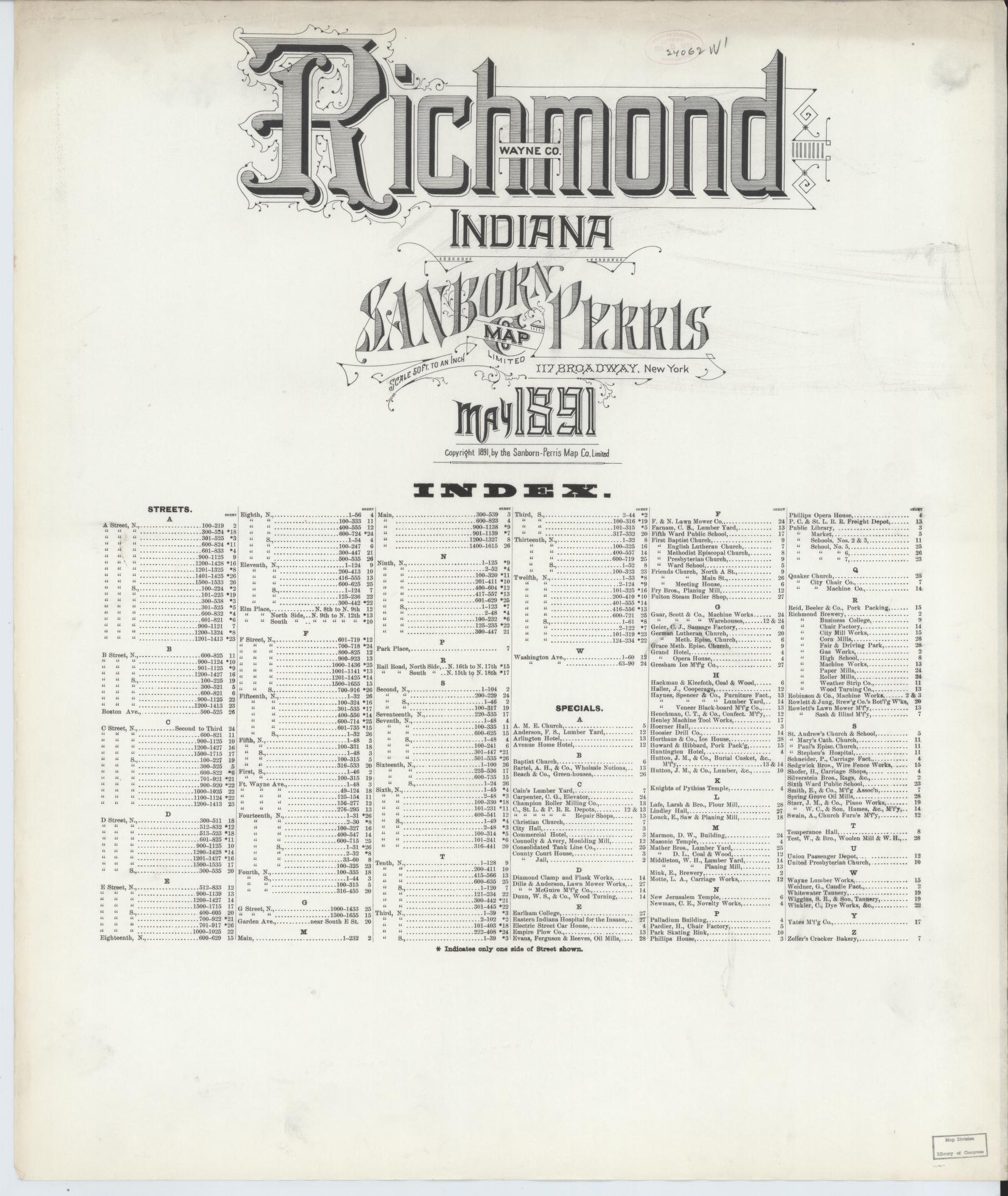 Sanborn Fire Insurance Map from Richmond, Wayne County, Indiana (1891), Sheet #0001 - Historic Sanborn Fire Insurance Map Print, vintage old map wall art, antique decor, genealogy gift, Indiana Indiana map