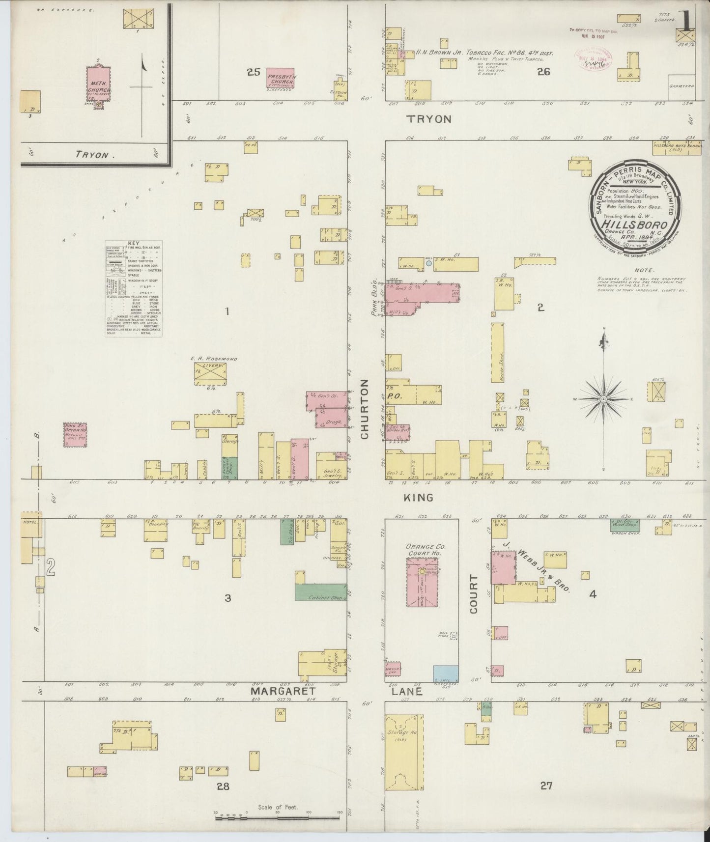 Sanborn Fire Insurance Map from Hillsboro, Orange County, North Carolina (1894), Sheet #0001 - Historic Sanborn Fire Insurance Map Print, vintage old map wall art, antique decor, genealogy gift, North Carolina North Carolina map
