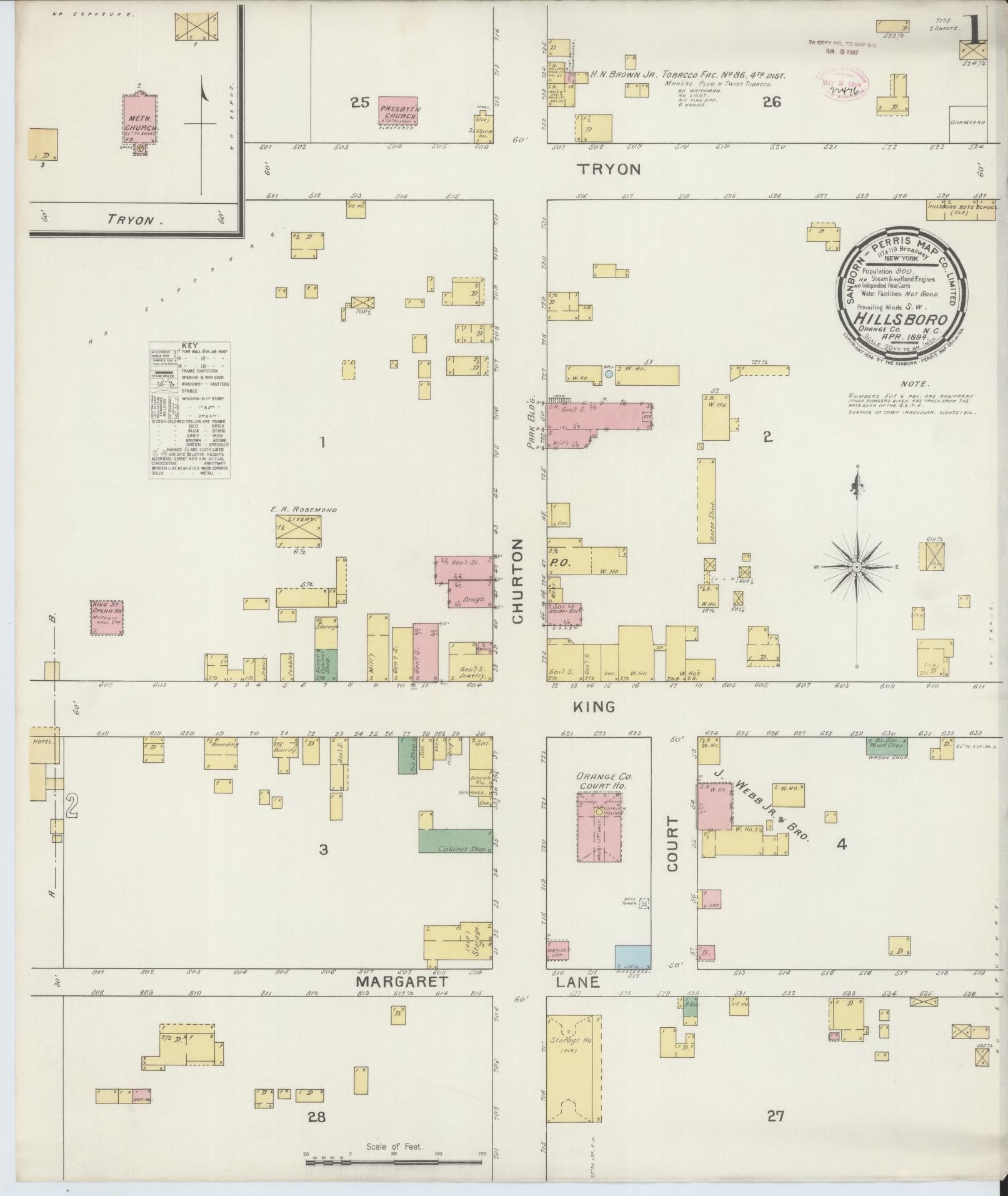 Sanborn Fire Insurance Map from Hillsboro, Orange County, North Carolina (1894), Sheet #0001 - Historic Sanborn Fire Insurance Map Print, vintage old map wall art, antique decor, genealogy gift, North Carolina North Carolina map