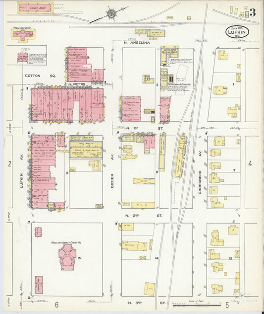 Sanborn Fire Insurance Map from Lufkin, Angelina County, Texas (1915), Sheet #0003 - Historic Sanborn Fire Insurance Map Print, vintage old map wall art, antique decor, genealogy gift, Texas Texas map