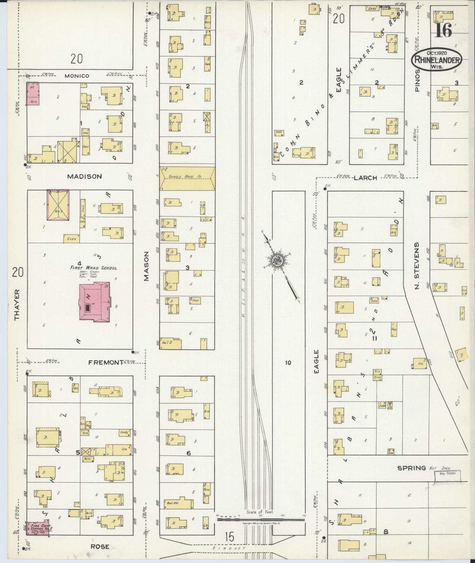Sanborn Fire Insurance Map from Rhinelander, Oneida County, Wisconsin (1920), Sheet #0016 - Complete Map Set gallery image, historic Sanborn map, vintage wall art, Wisconsin Wisconsin