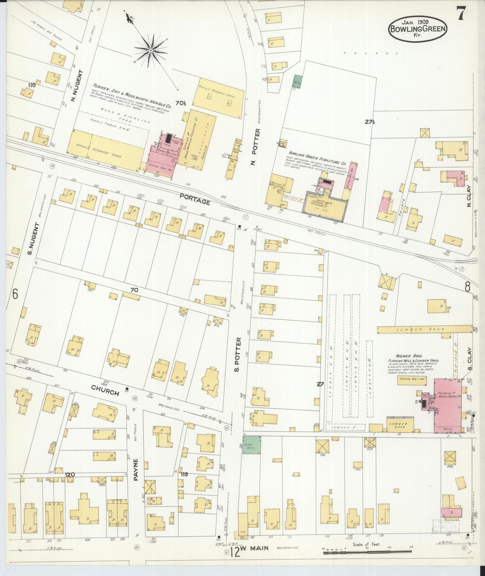 Sanborn Fire Insurance Map from Bowling Green, Warren County, Kentucky (1909), Sheet #0007 - Historic Sanborn Fire Insurance Map Print, vintage old map wall art, antique decor, genealogy gift, Kentucky Kentucky map