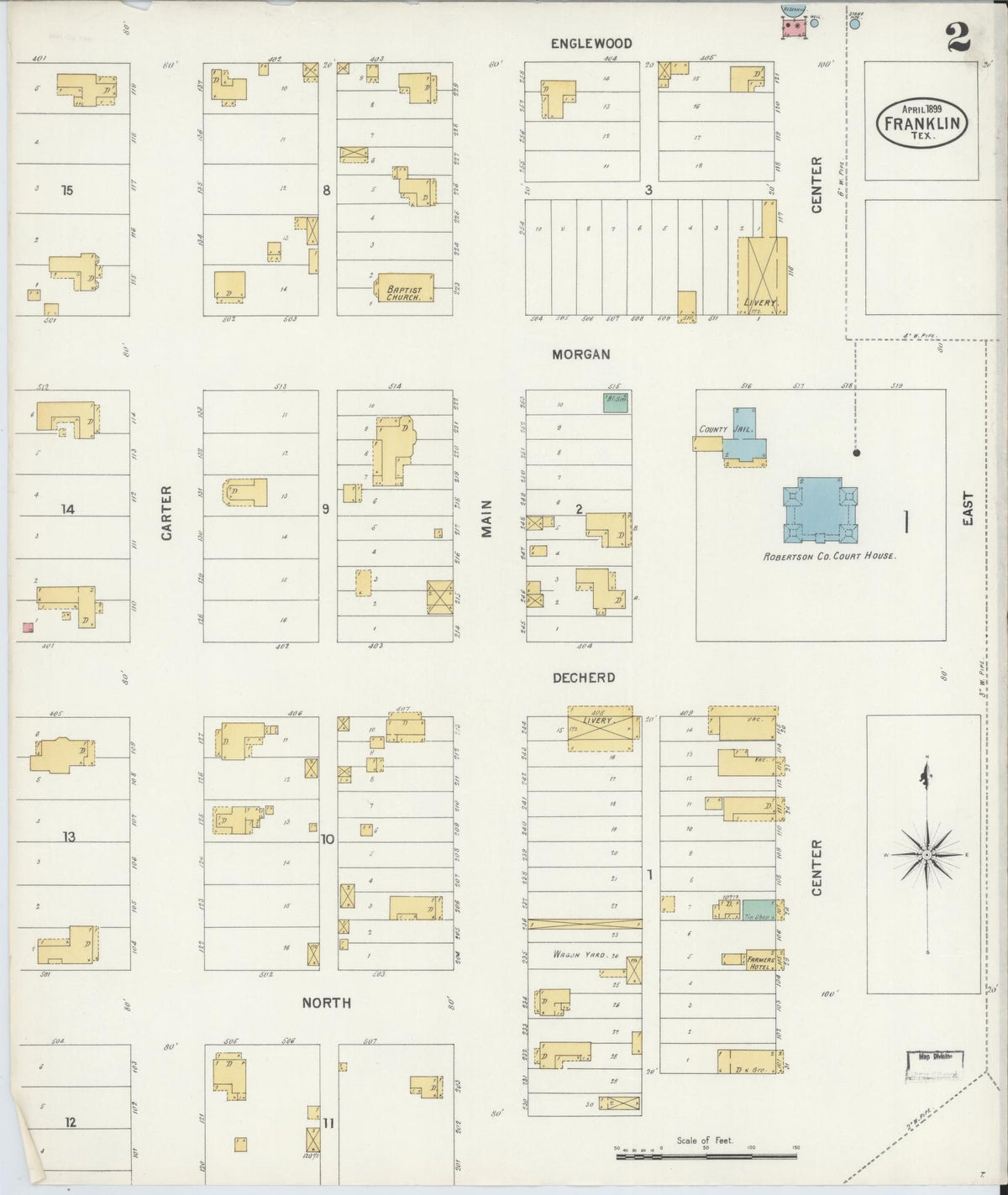 Sanborn Fire Insurance Map from Franklin, Robertson County, Texas (1899), Sheet #0002 - Historic Sanborn Fire Insurance Map Print, vintage old map wall art, antique decor, genealogy gift, Texas Texas map