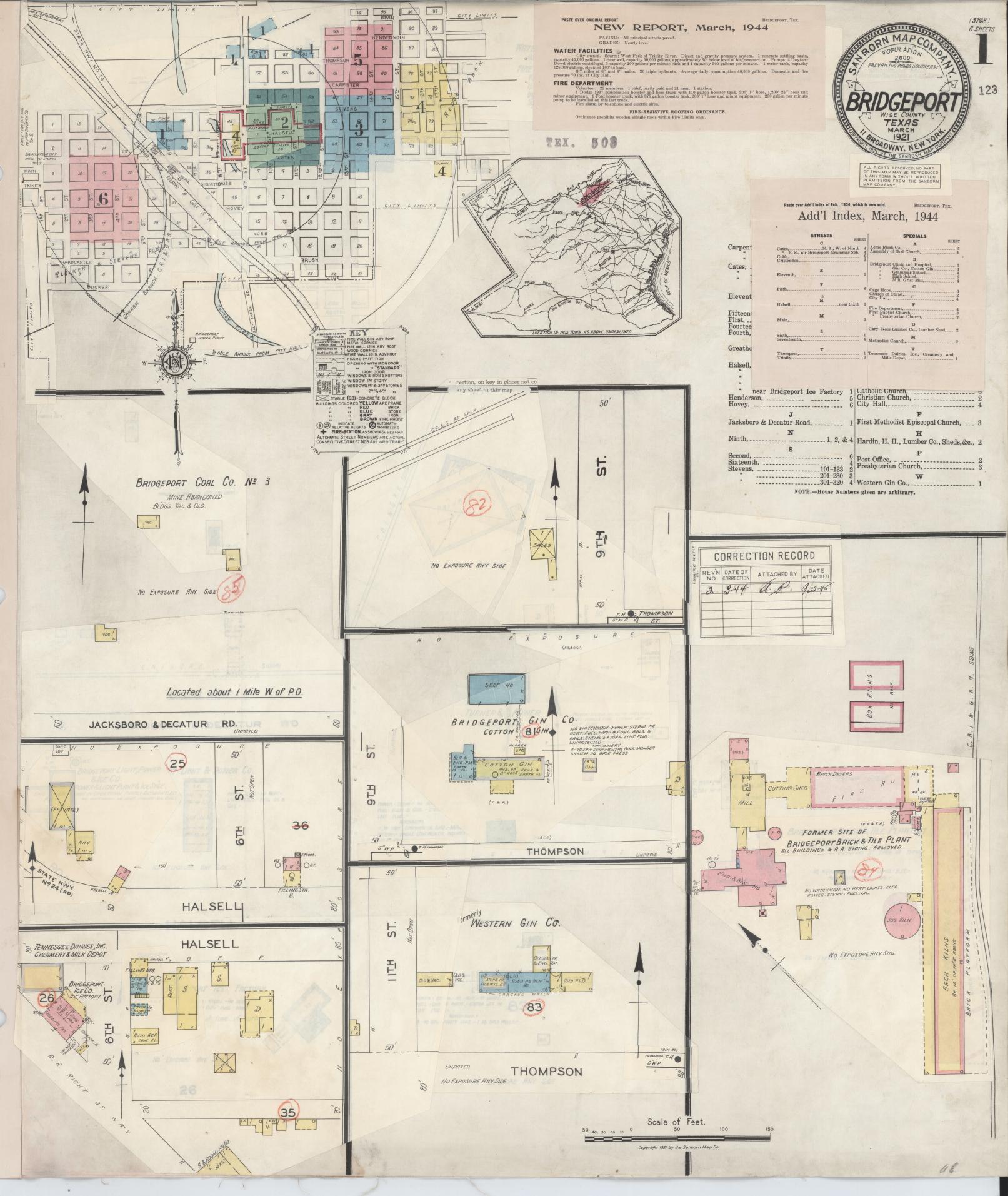 Sanborn Fire Insurance Map from Bridgeport, Wise County, Texas (1944), Sheet #0001 - Historic Sanborn Fire Insurance Map Print, vintage old map wall art, antique decor, genealogy gift, Texas Texas map