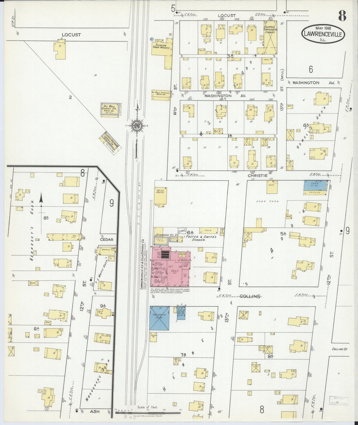 Sanborn Fire Insurance Map from Lawrenceville, Lawrence County, Illinois (1918), Sheet #0008 - Complete Map Set gallery image, historic Sanborn map, vintage wall art, Illinois Illinois