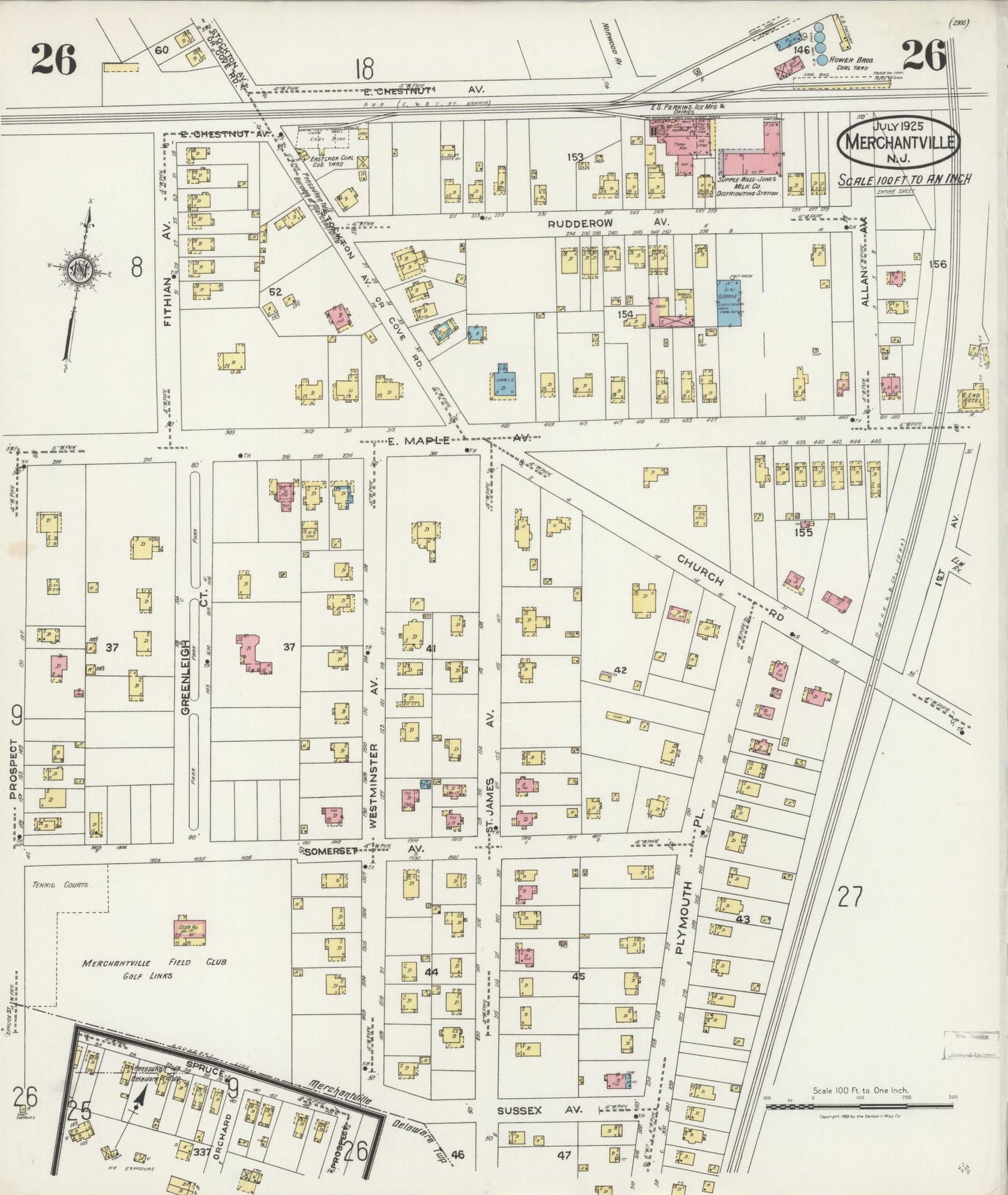 Sanborn Fire Insurance Map from Merchantville, Camden County, New Jersey (1925), Sheet #0026 - Historic Sanborn Fire Insurance Map Print, vintage old map wall art, antique decor, genealogy gift, New Jersey New Jersey map