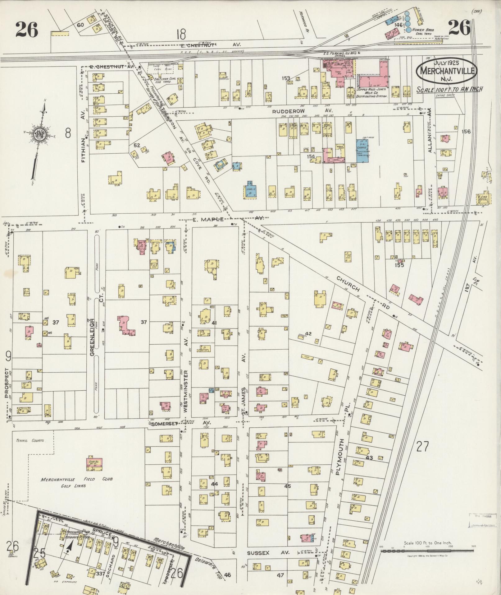 Sanborn Fire Insurance Map from Merchantville, Camden County, New Jersey (1925), Sheet #0026 - Historic Sanborn Fire Insurance Map Print, vintage old map wall art, antique decor, genealogy gift, New Jersey New Jersey map